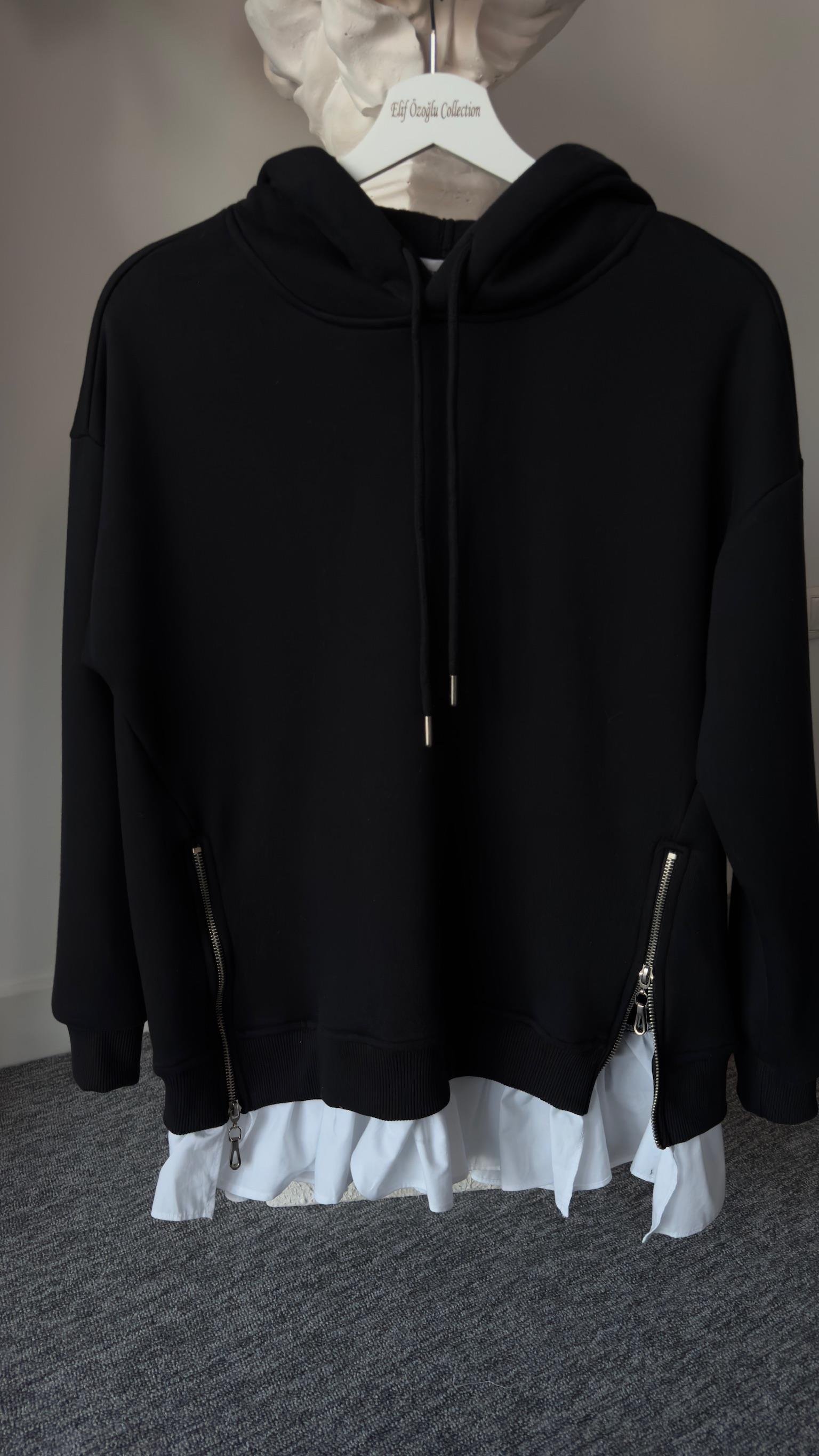 Altı Poplin Detay Yanlar Fermuarlı Siyah Sweat