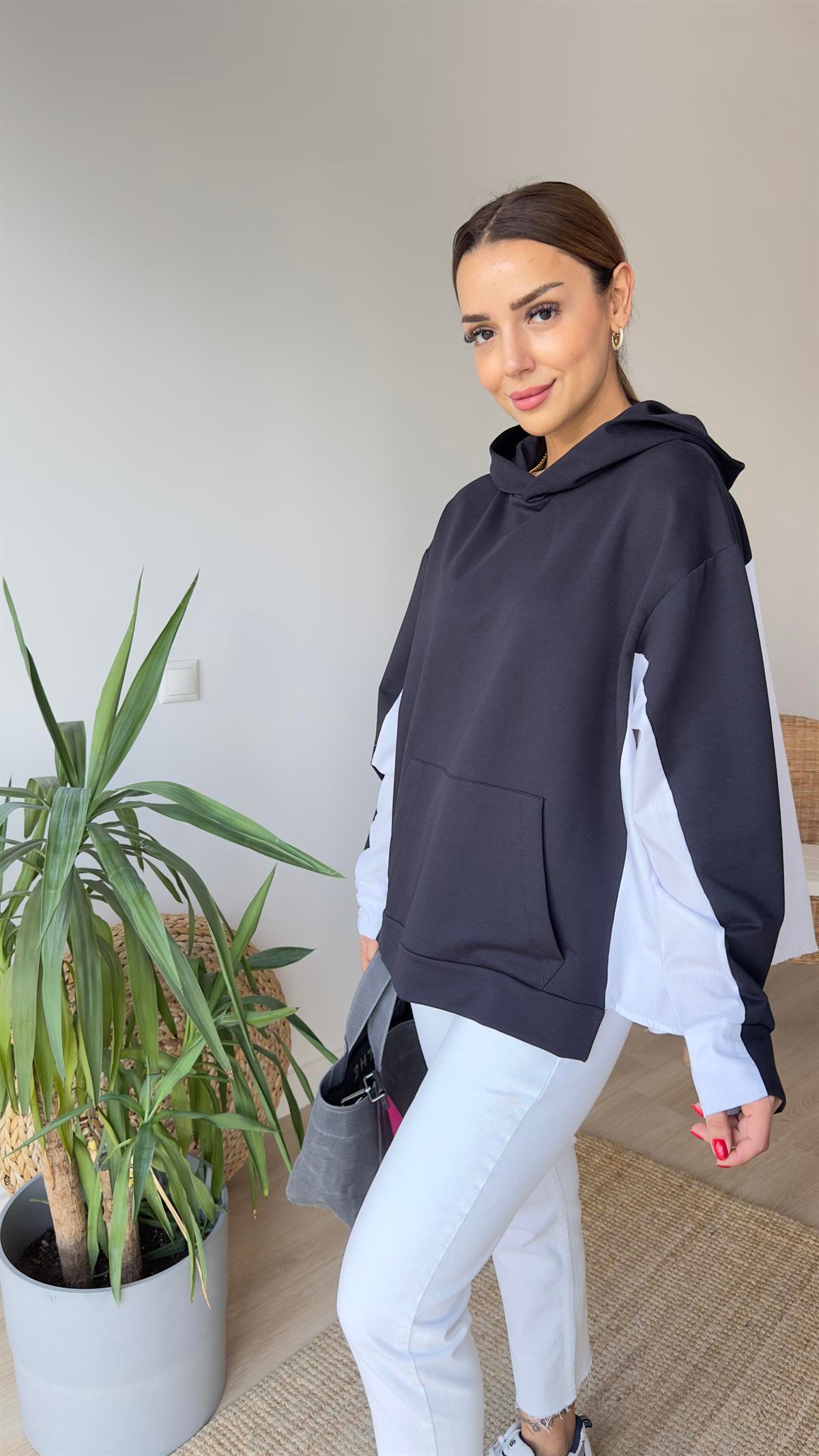 Zra Model Sırtı Poplin Kapüşonlu Lacivert Sweat