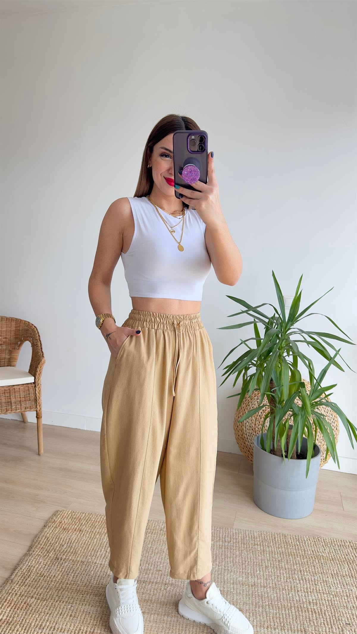 Beli Lastikli Camel Şalvar Pantolon
