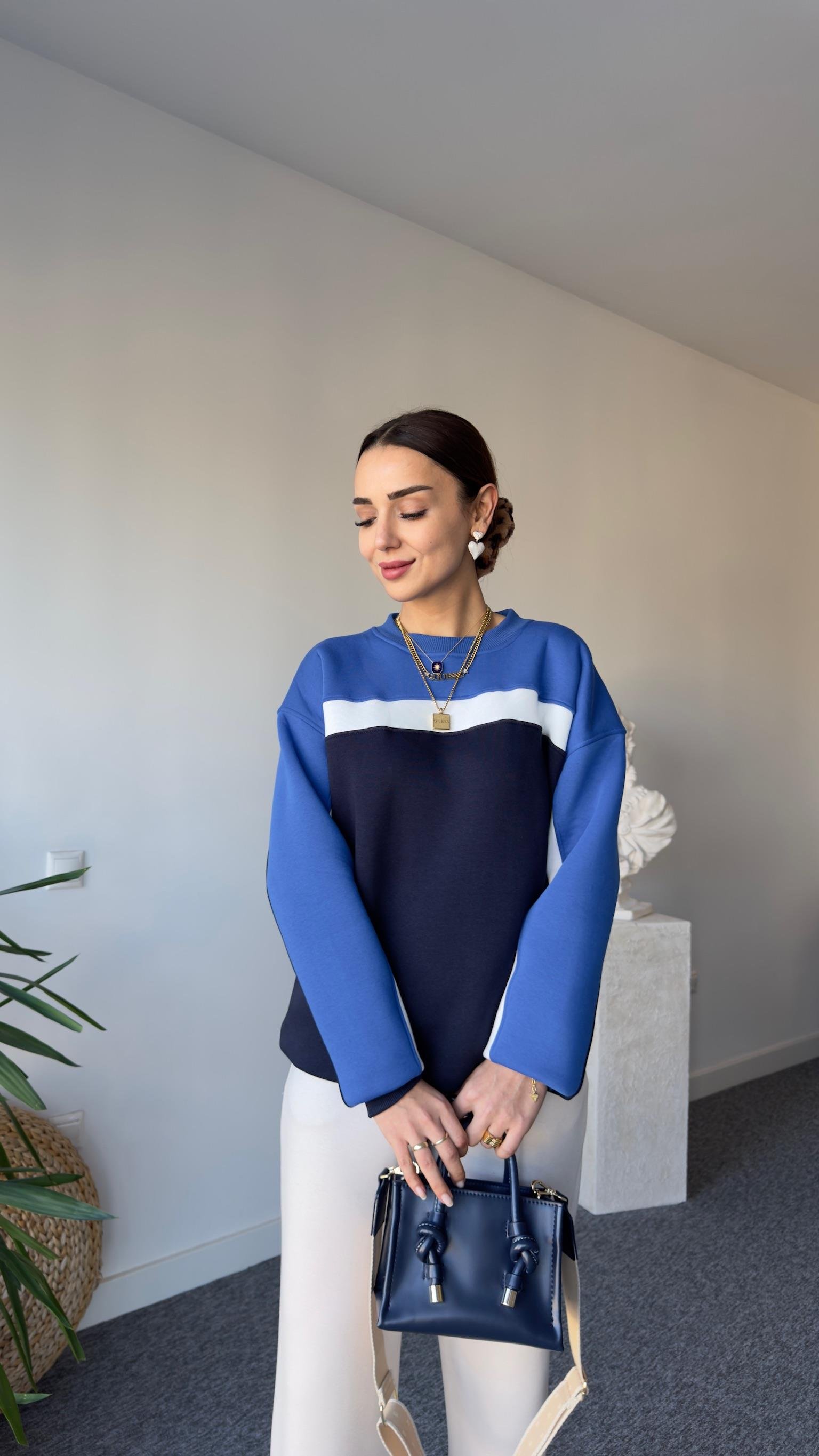 Beyaz Şeritli Çift Renk Sweat Mavi