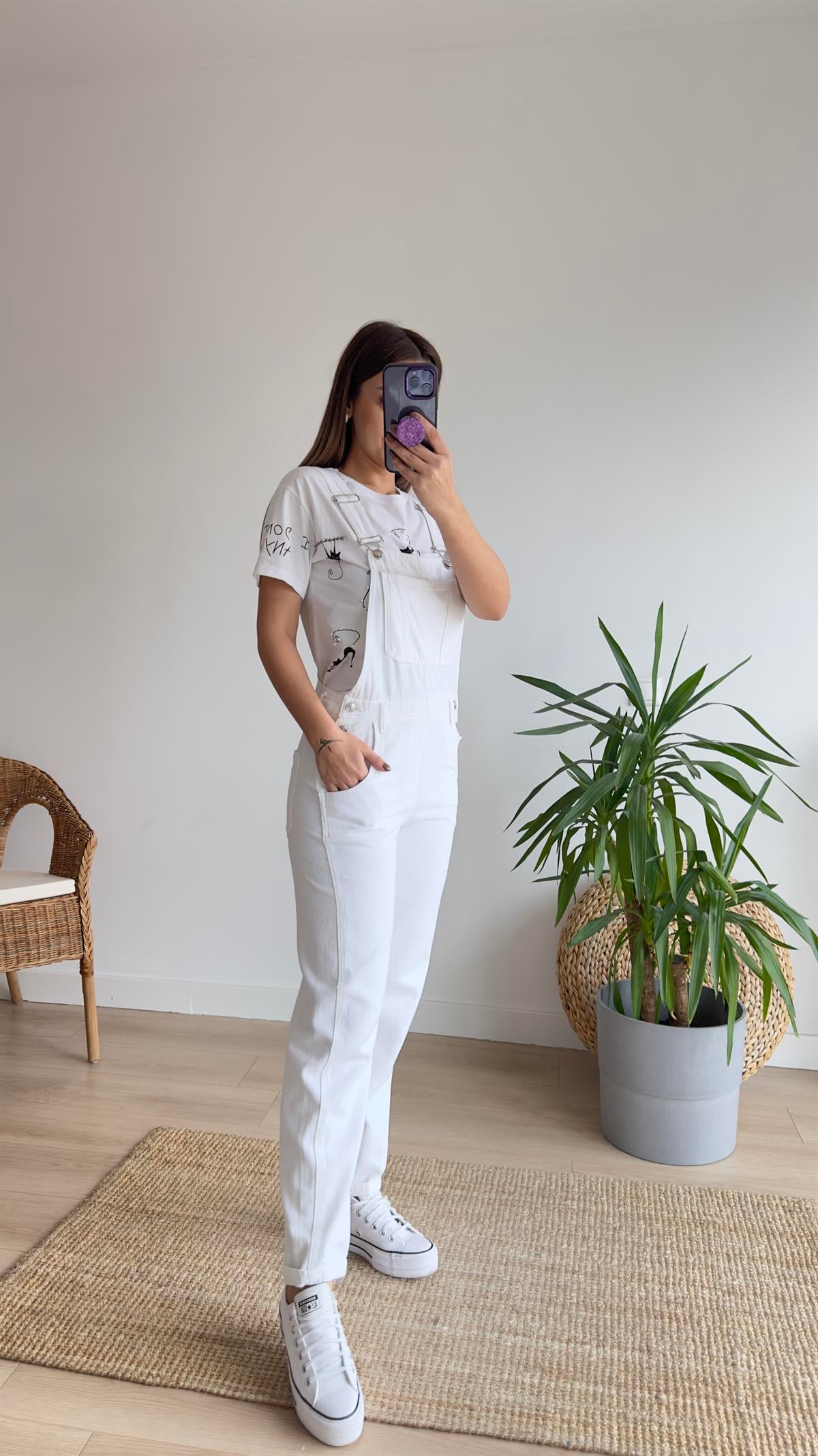 Yanı Düğmeli Beyaz Salopet