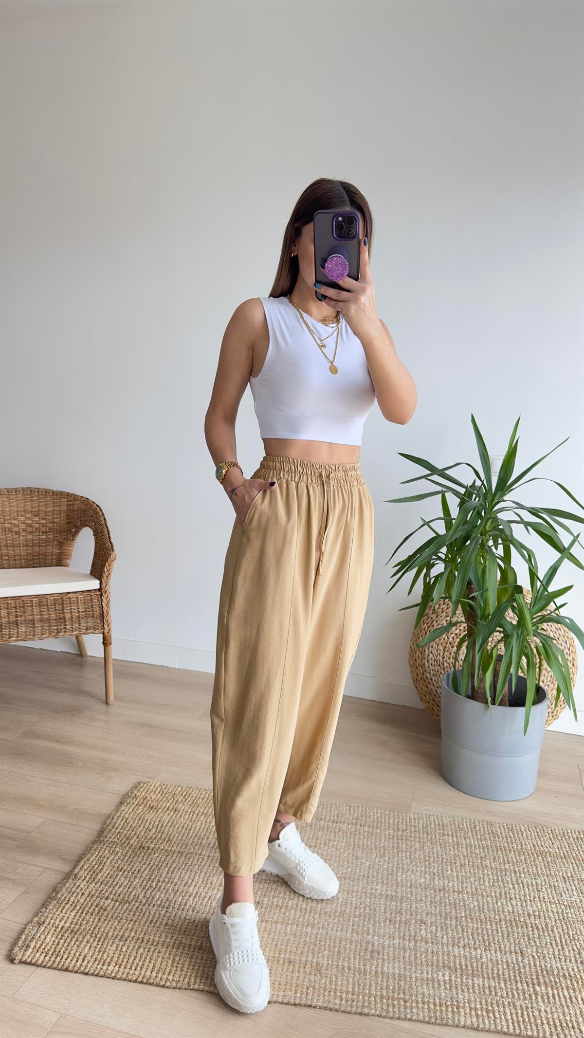 Beli Lastikli Camel Şalvar Pantolon