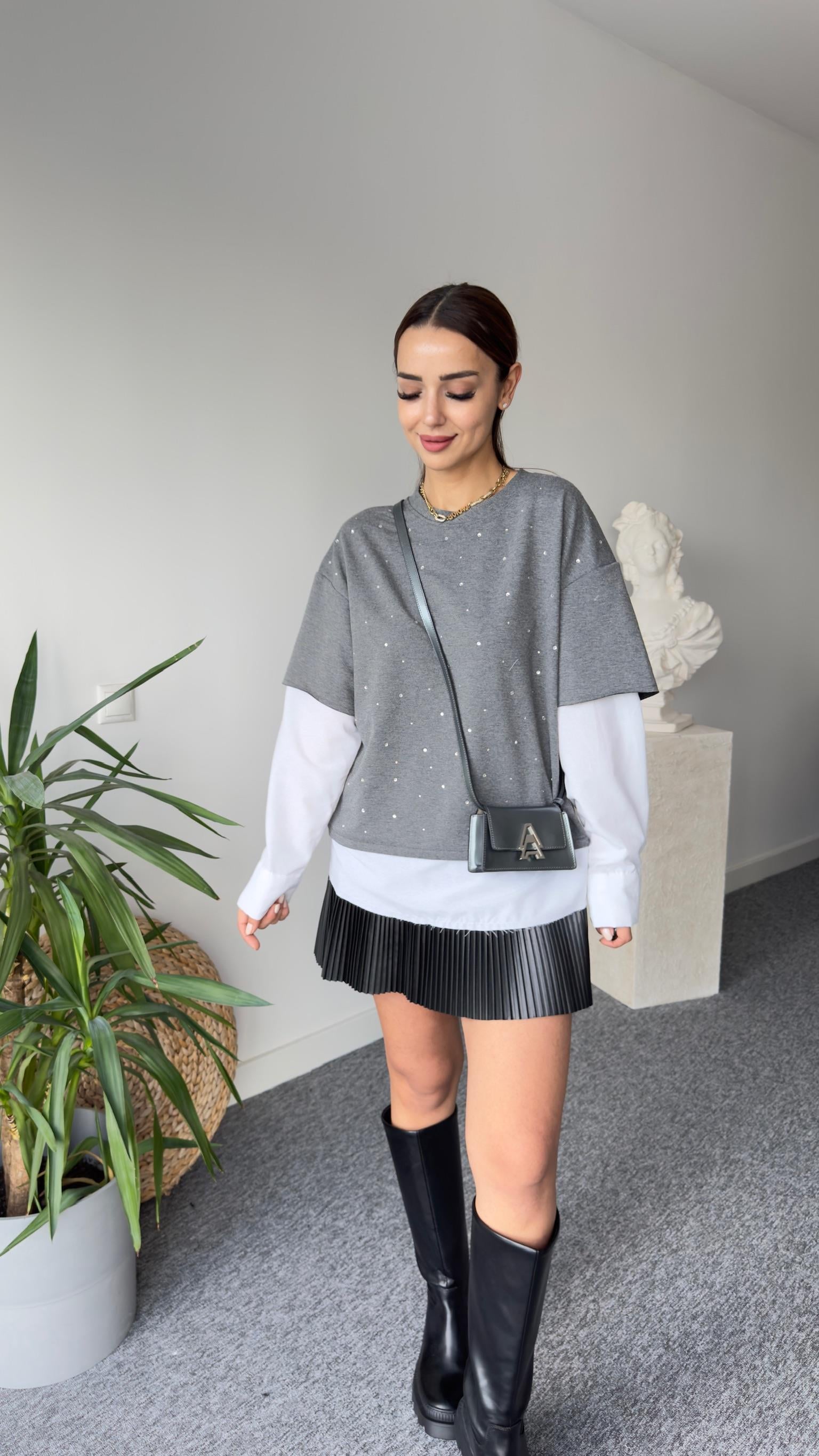 Gömlek Detay Taşlı Gri Sweat