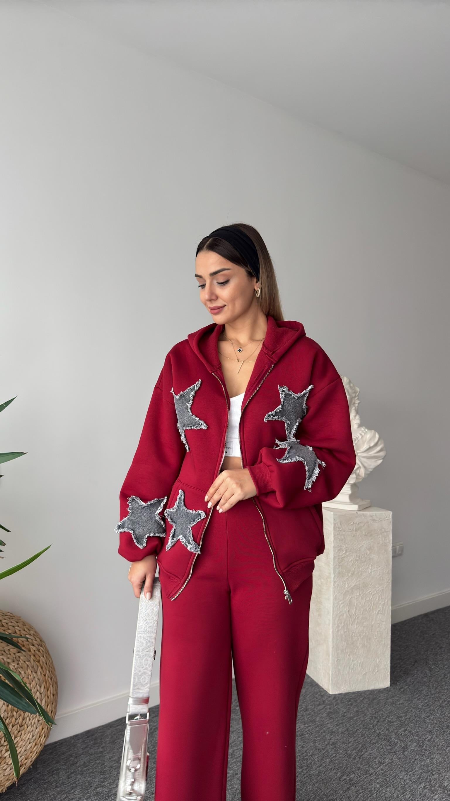 Denim Yıldız Detaylı Bordo Tasarım Takım