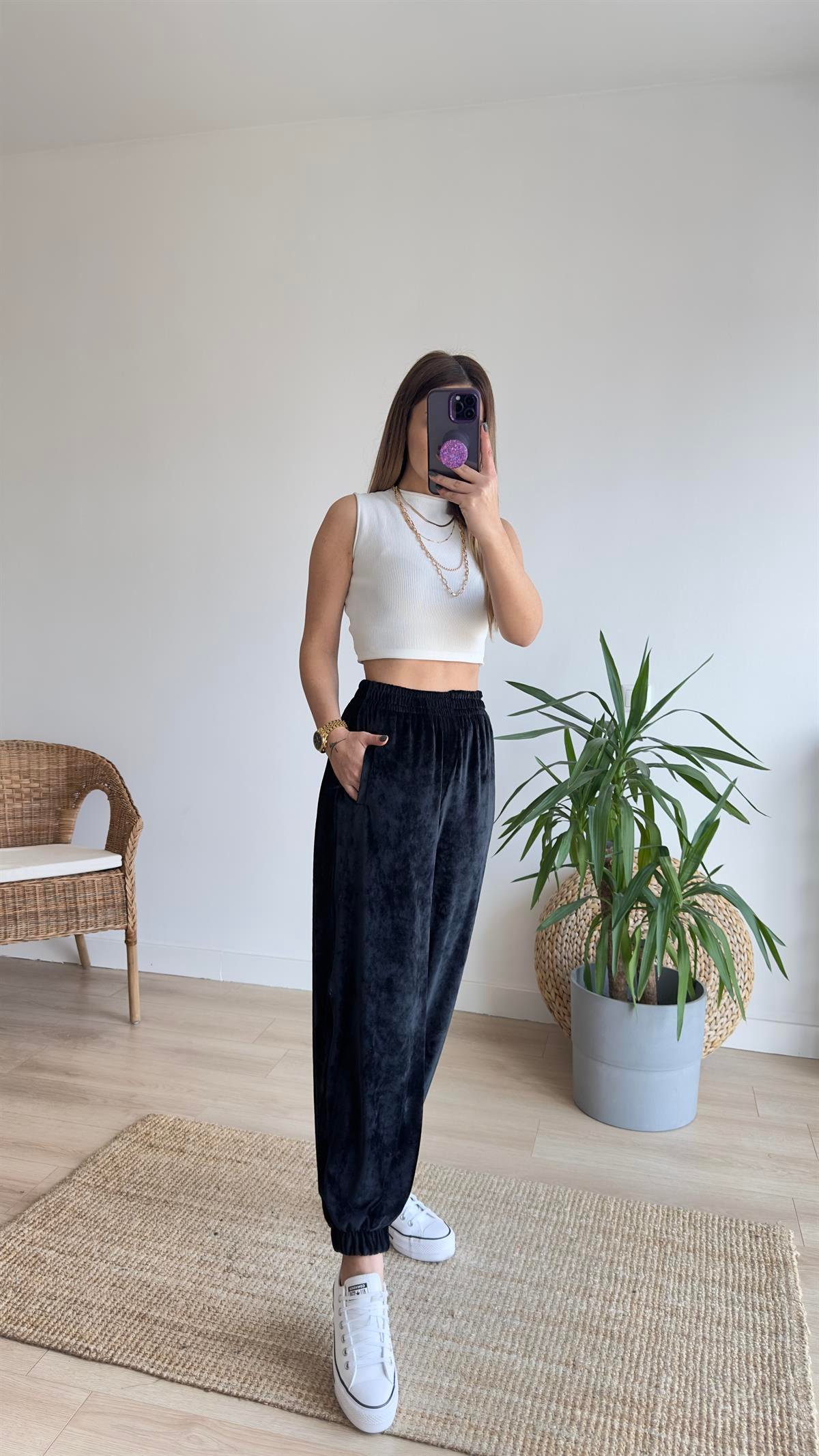 Orj Marka Beli Lastikli Kadife Jogger