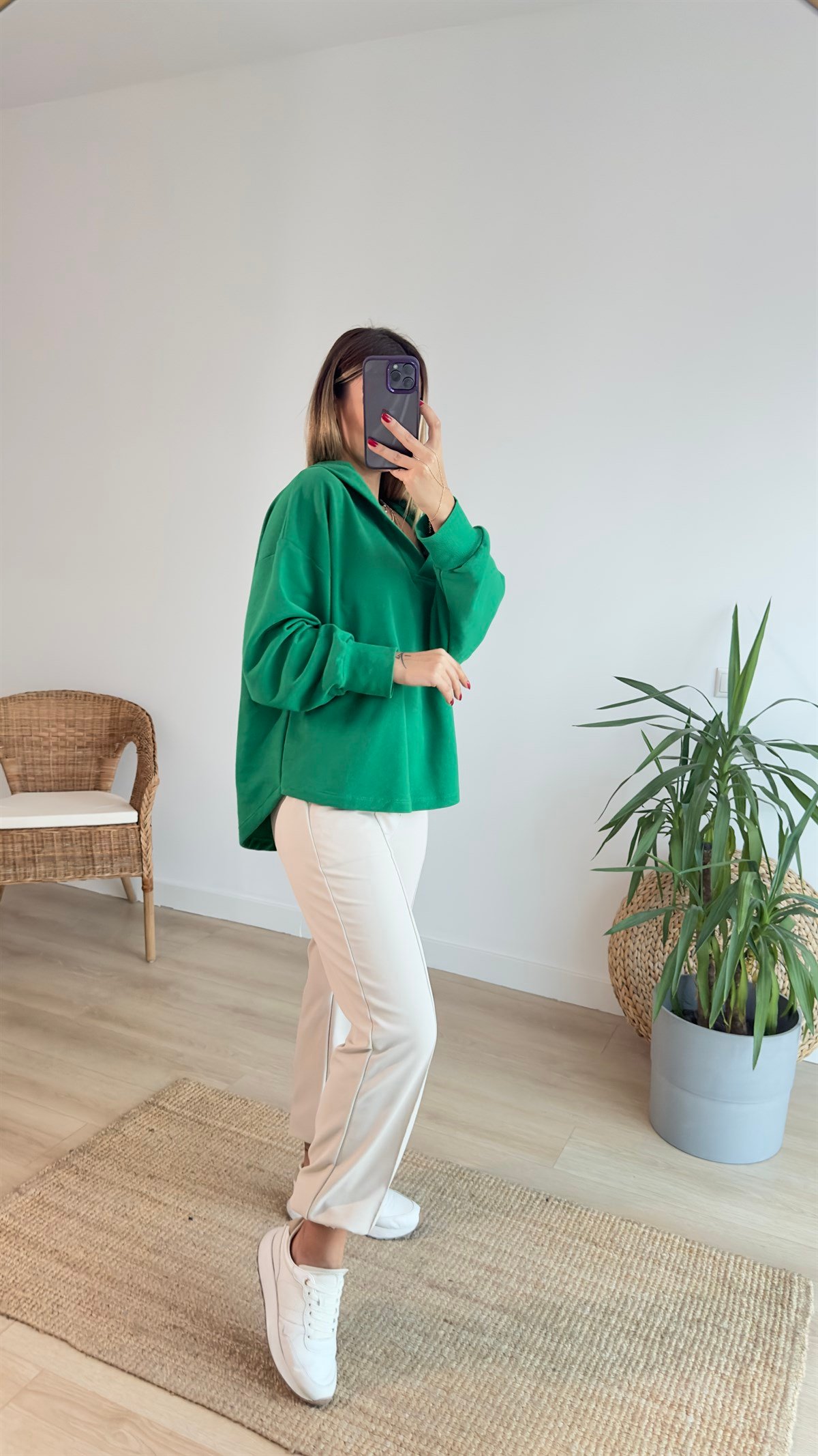 Kapüşonlu Yeşil Basic Sweat
