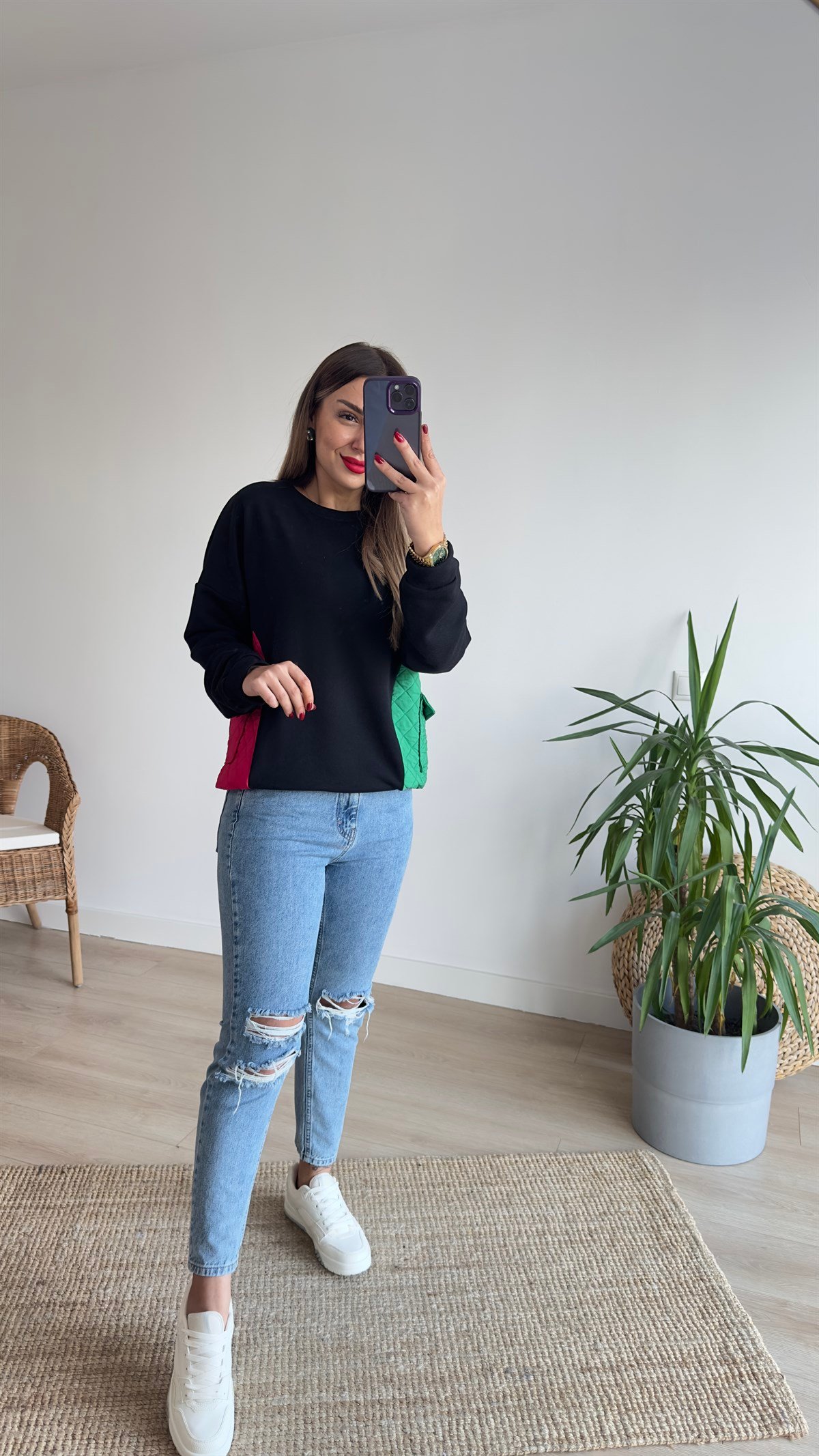 Pembe Yeşil Kapitoneli Sweat