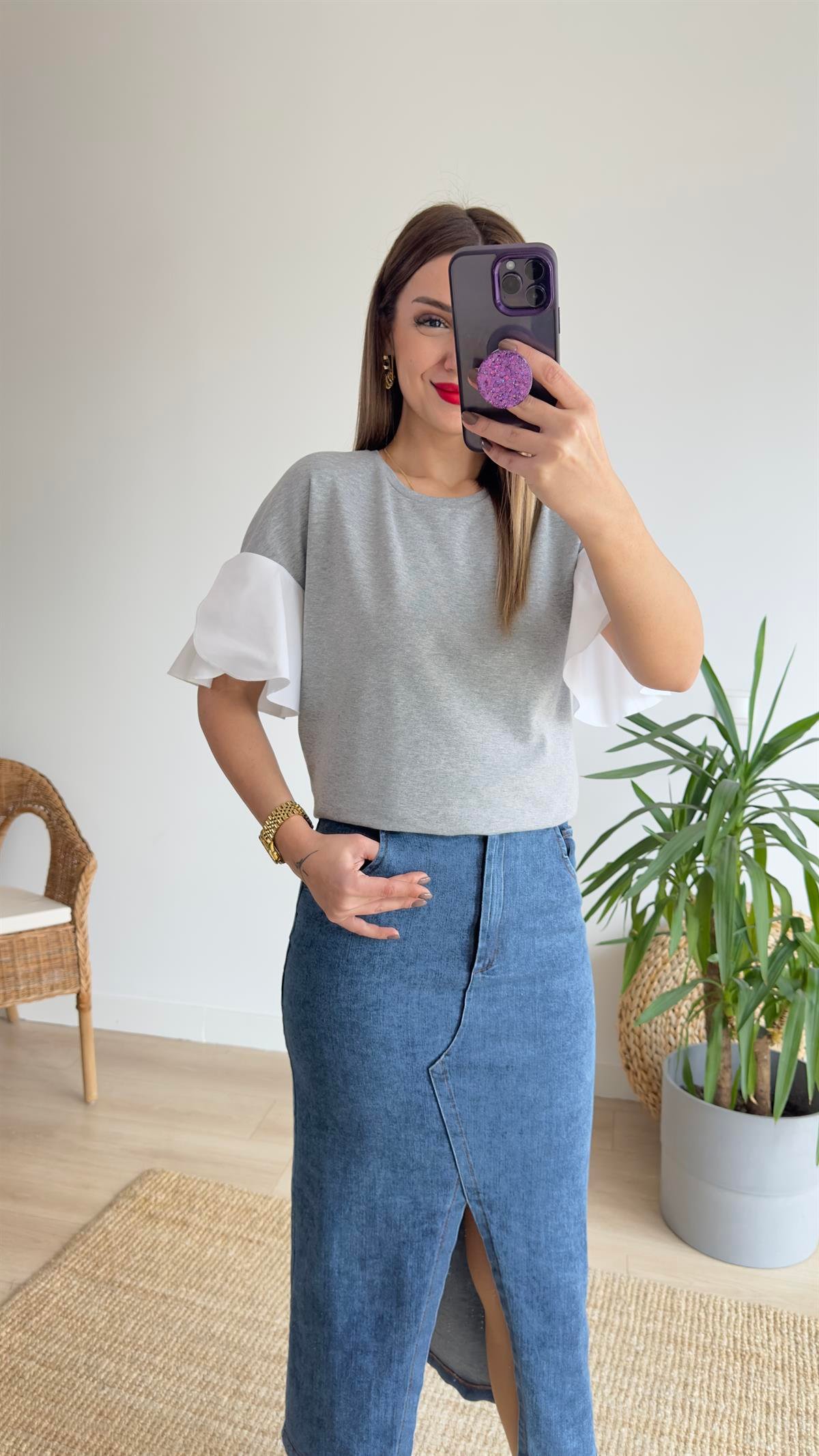 Kolları Poplin Gri Basic Tshirt
