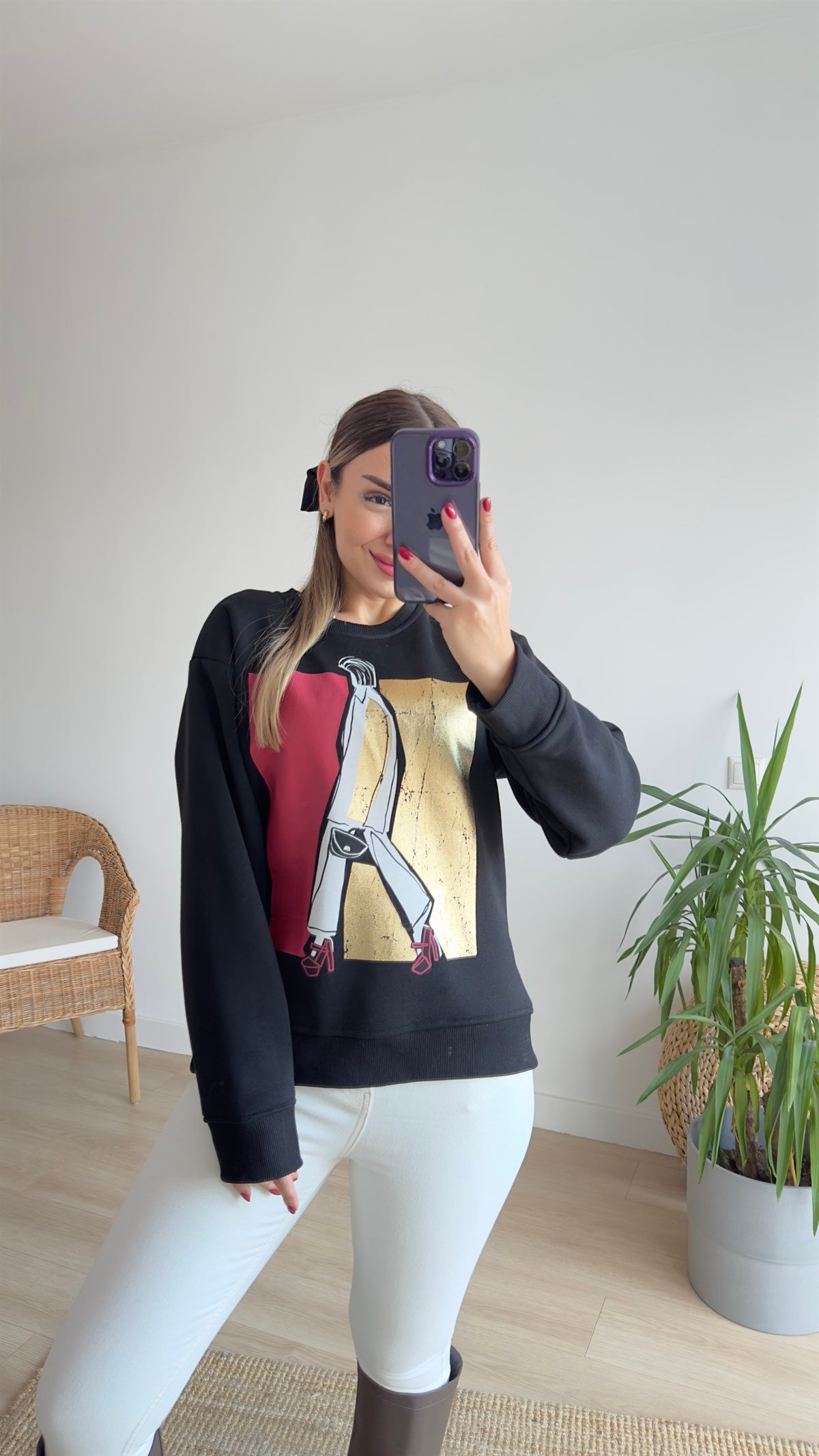 Varak Desenli Şardonlu Siyah Sweat