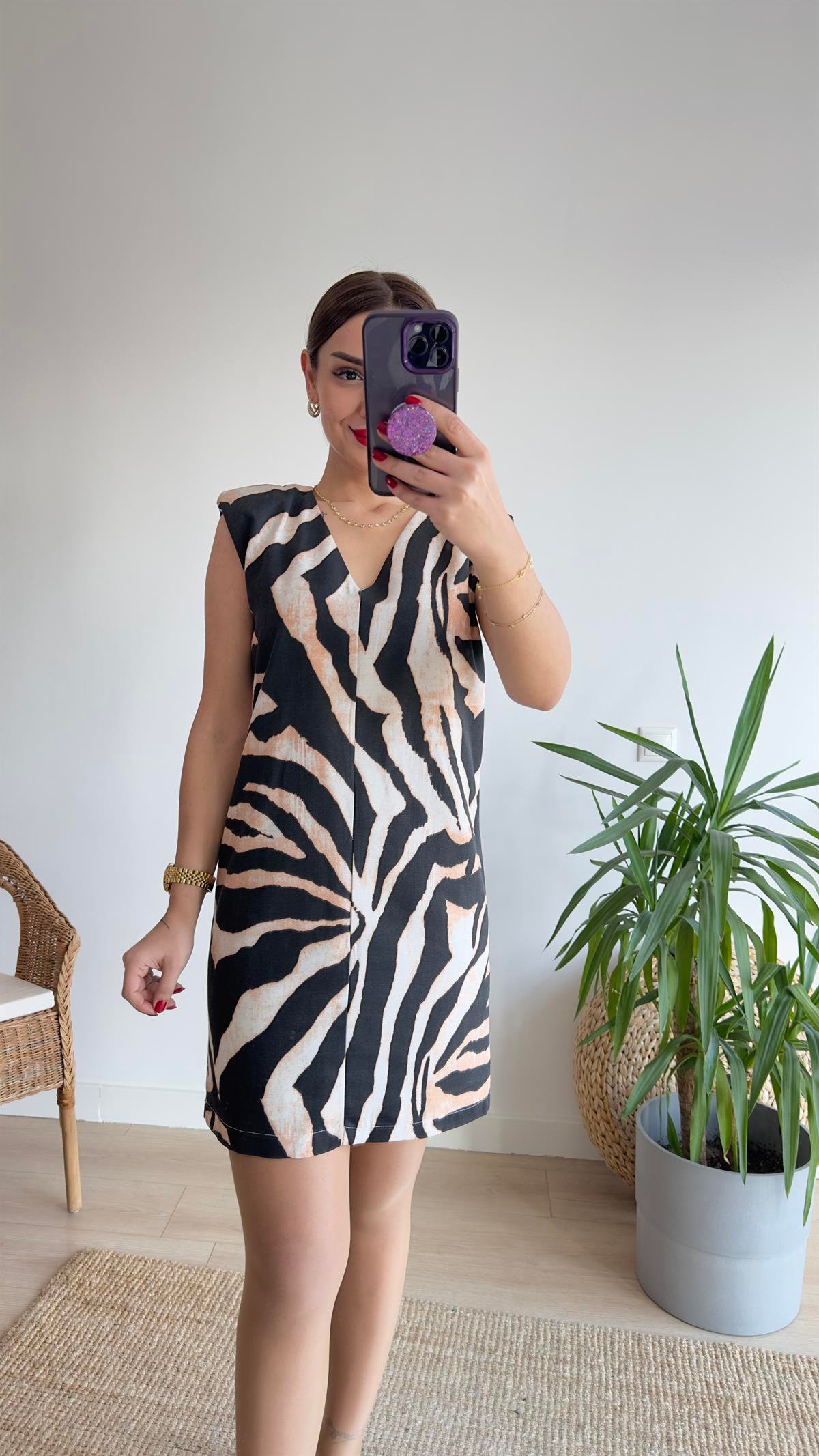Laila Zebra Desen Vatkalı Elbise 