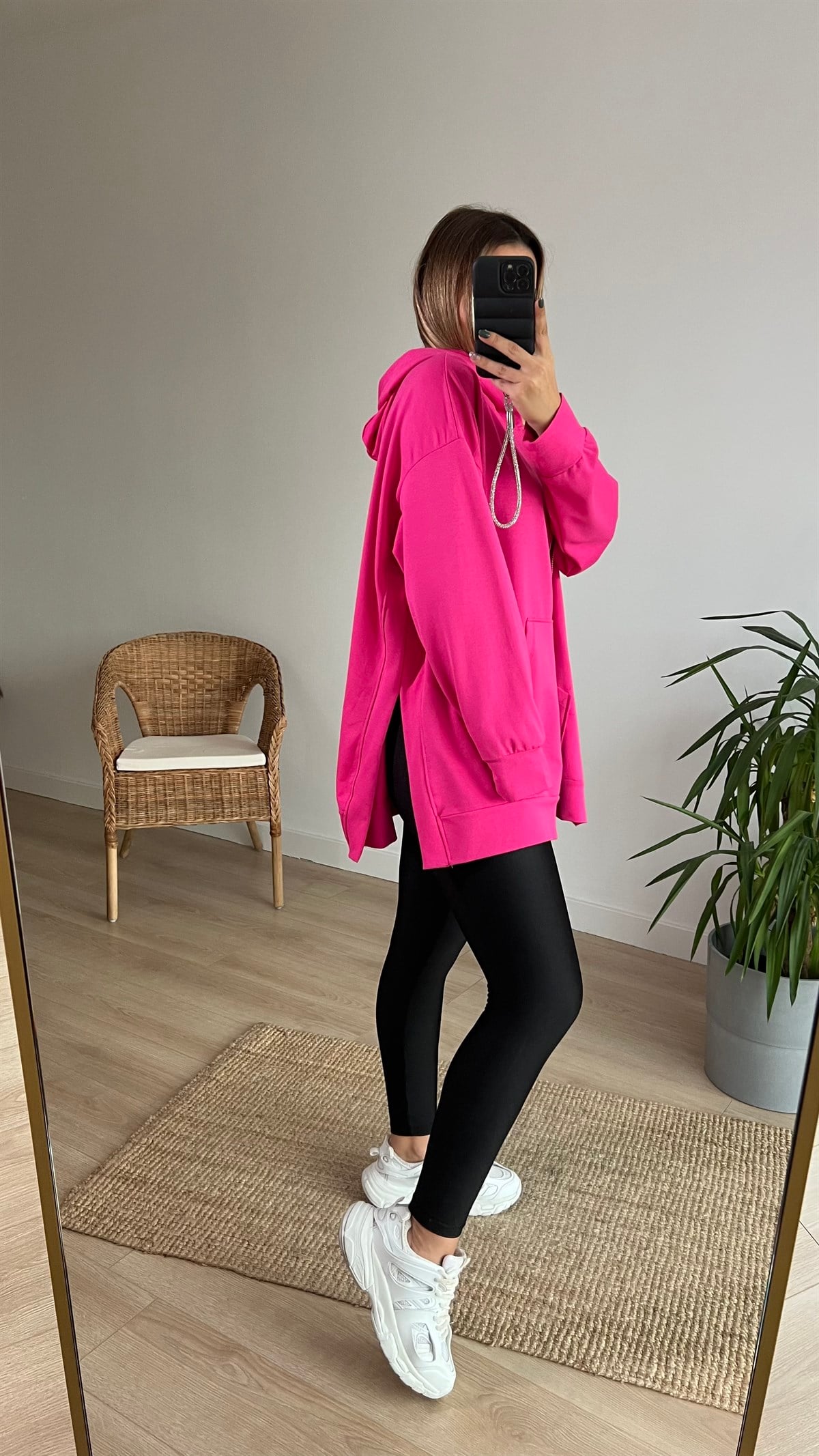 Yanları Yırtmaçlı Oversize Fuşya Sweat