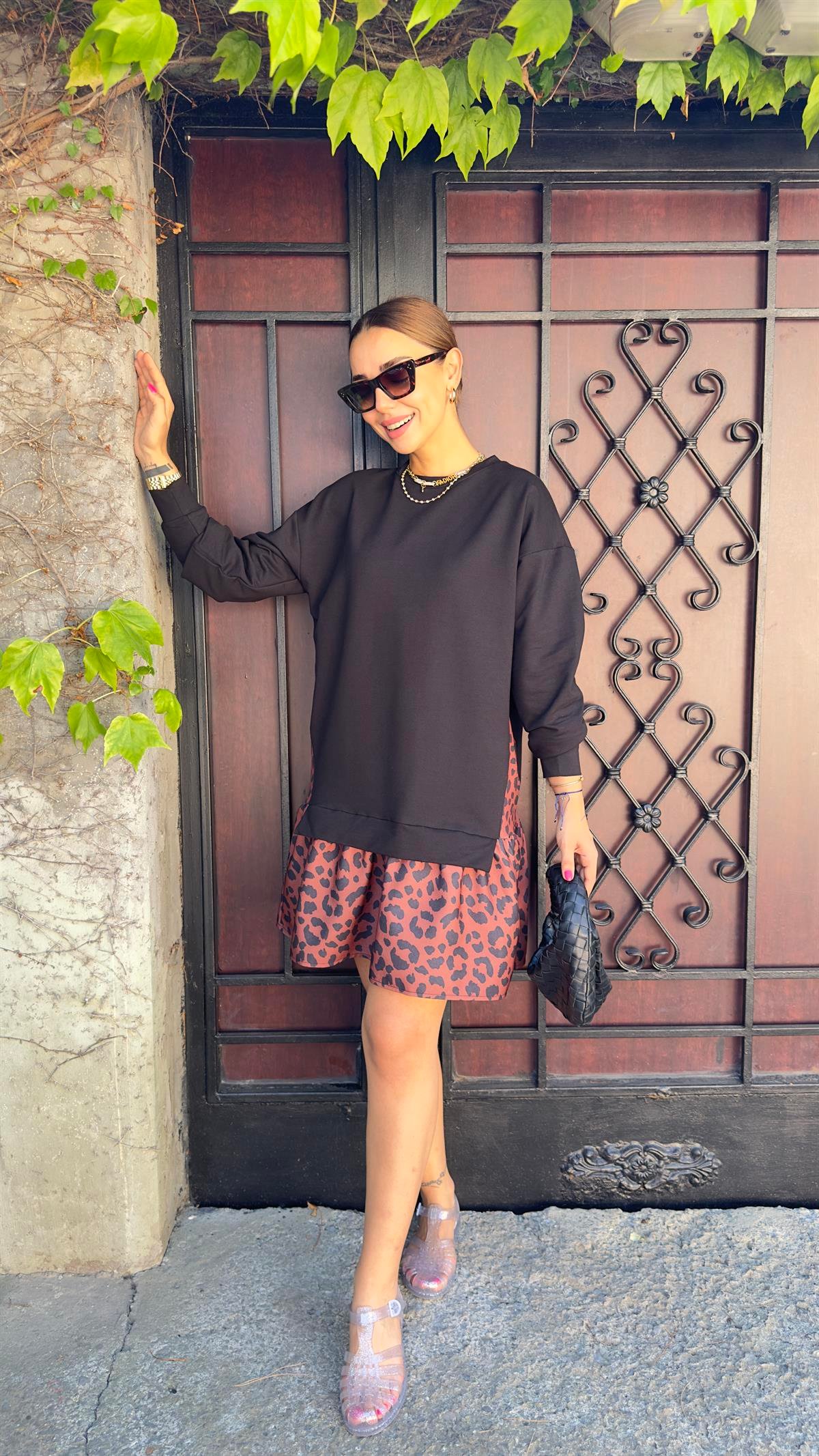 Leopar Detaylı Sweat Elbise