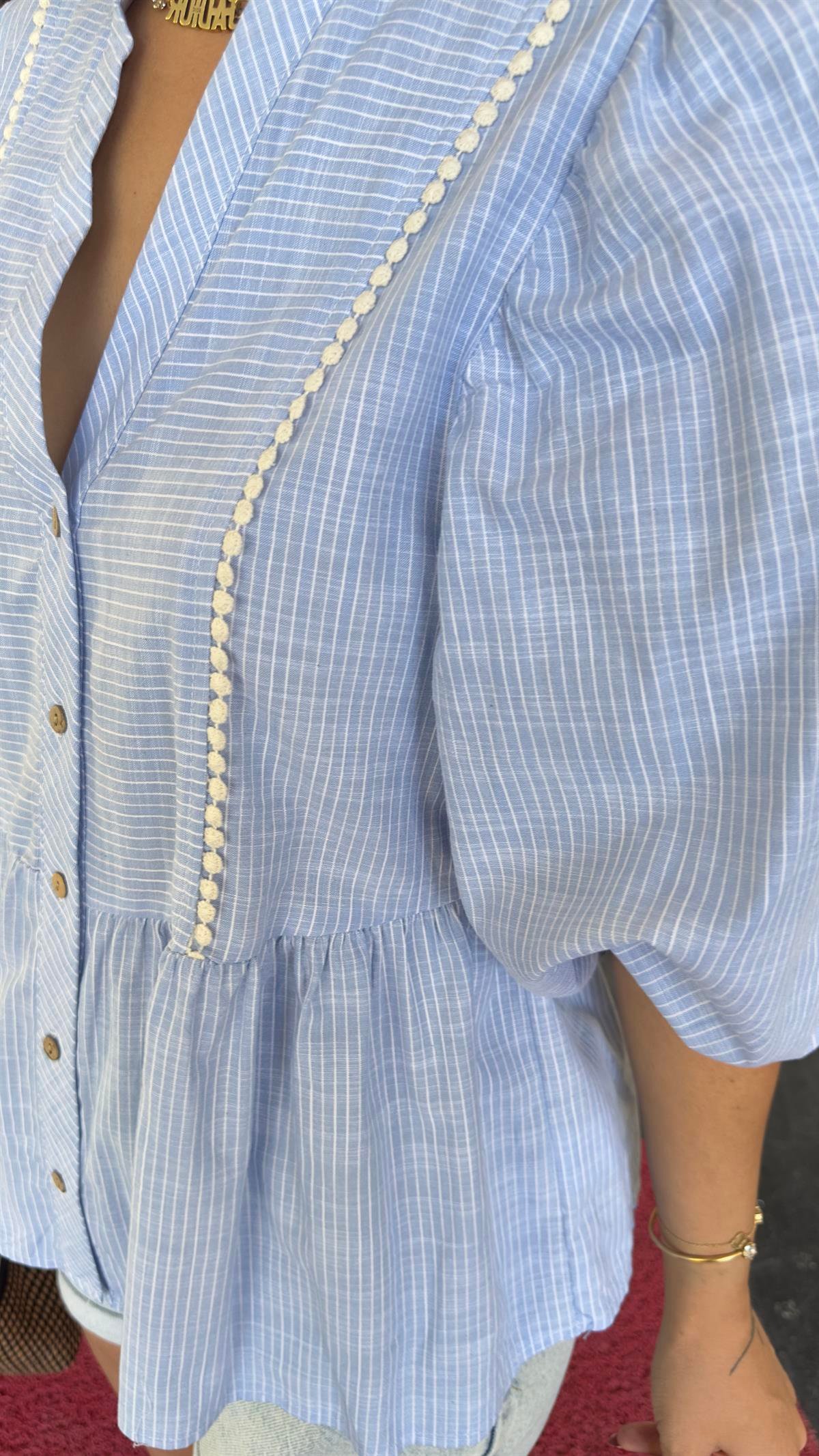 Yare Nakış Detaylı Çizgili Mavi Bluz