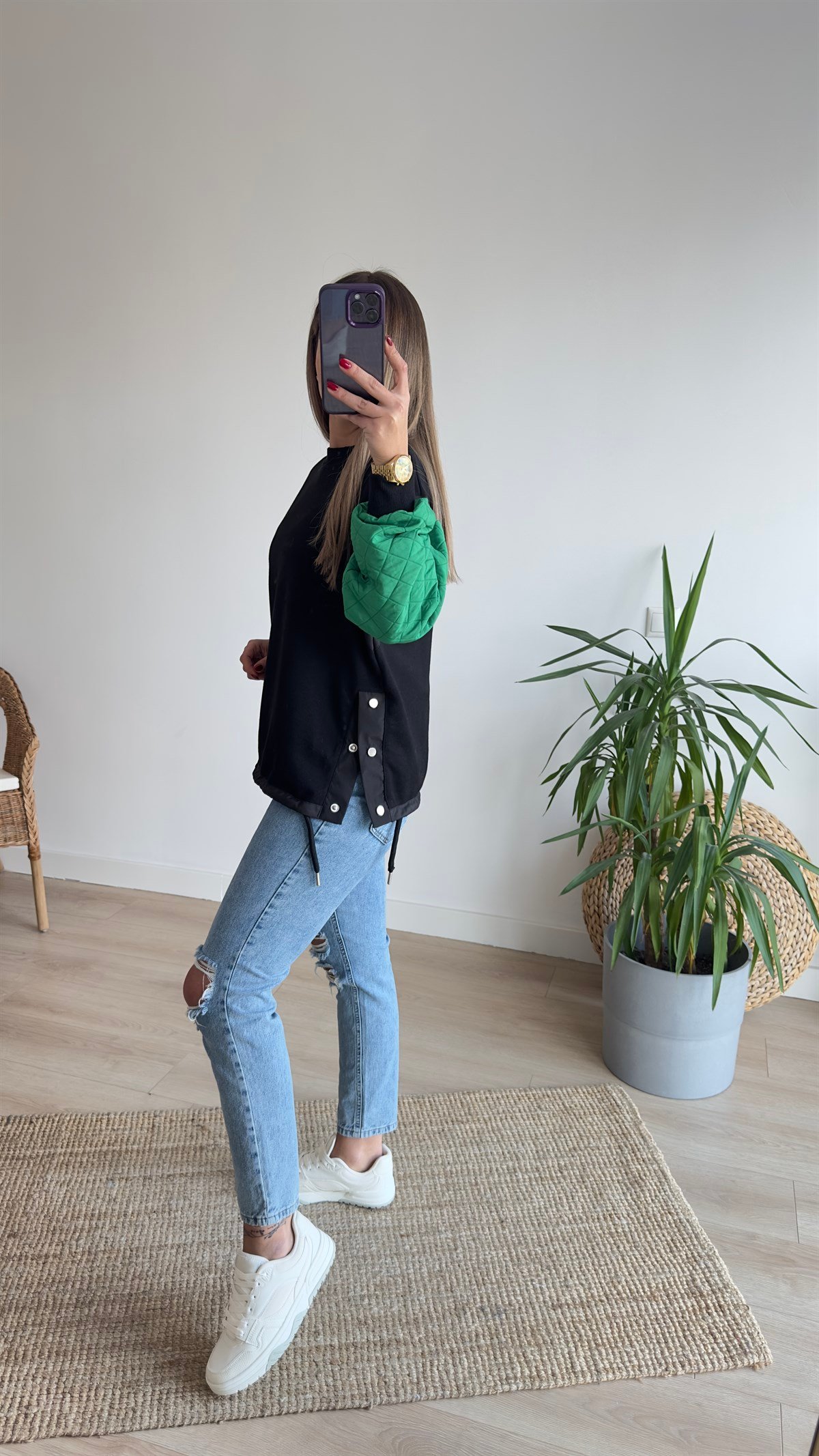  Kolları Yeşil Kapitone Tasarım Sweat 