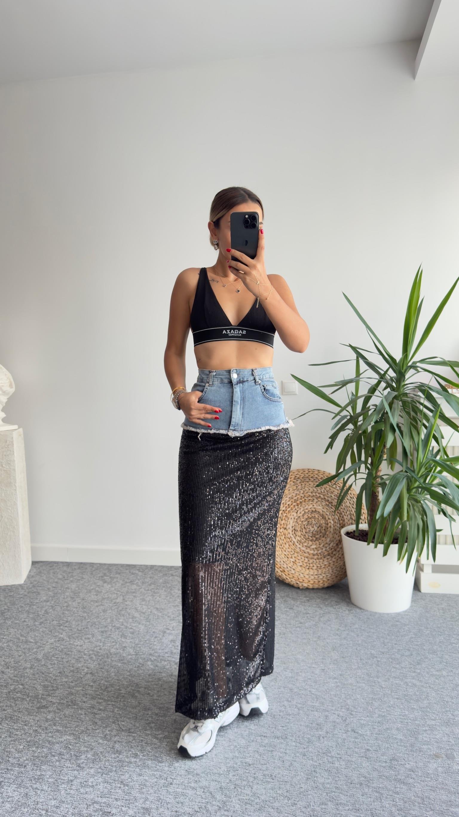 Kot Garnili Payetli Uzun Etek