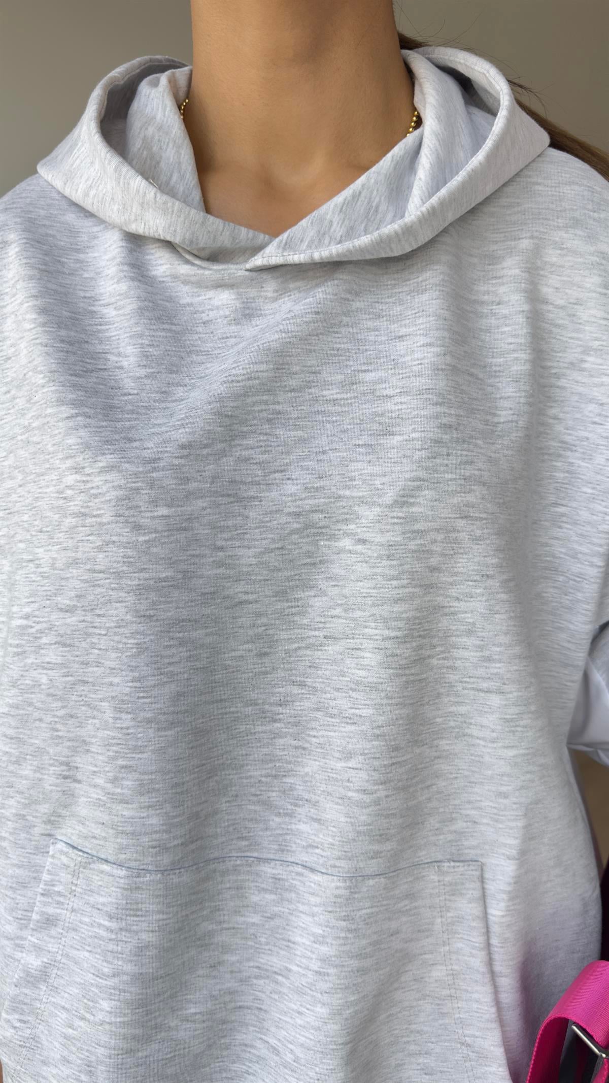 Zra Model Sırtı Poplin Kapüşonlu Gri Sweat