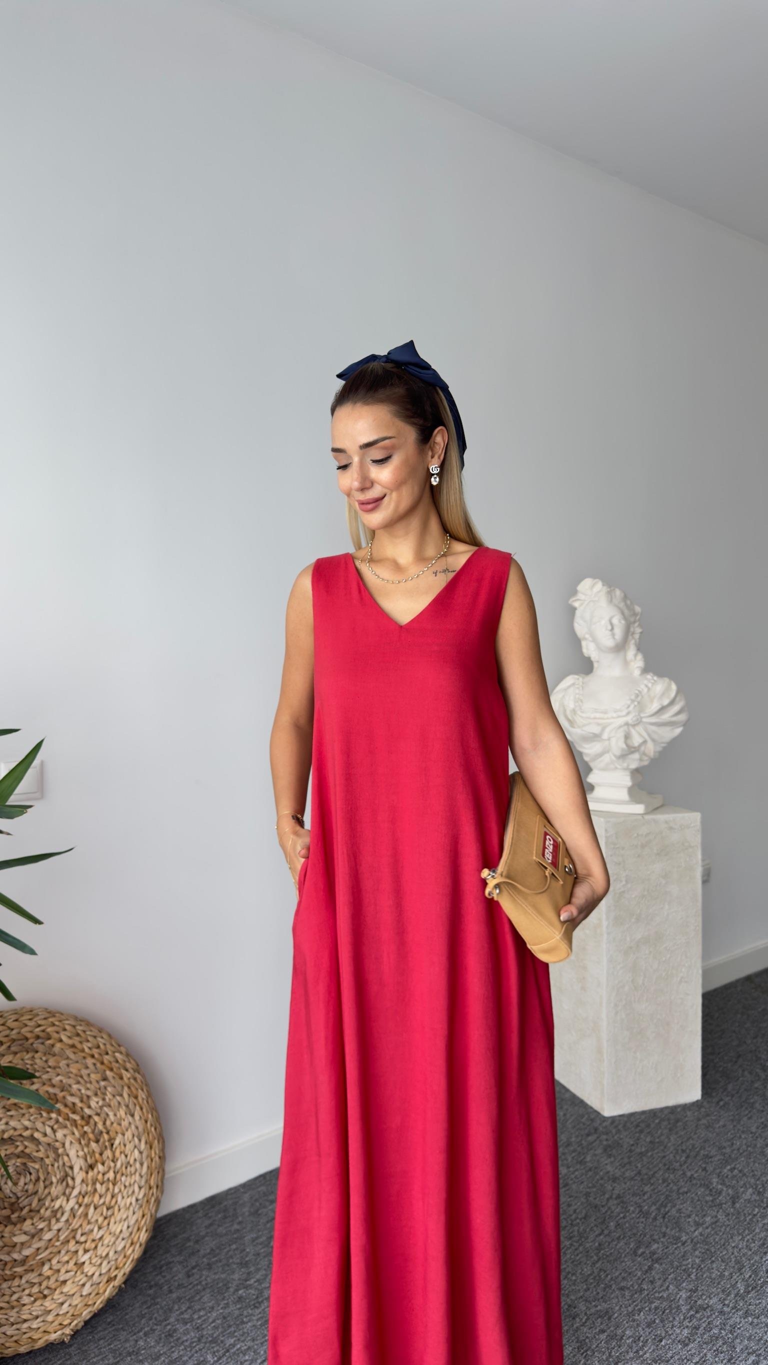 Lastik Askılı Keten Bordo Elbise 