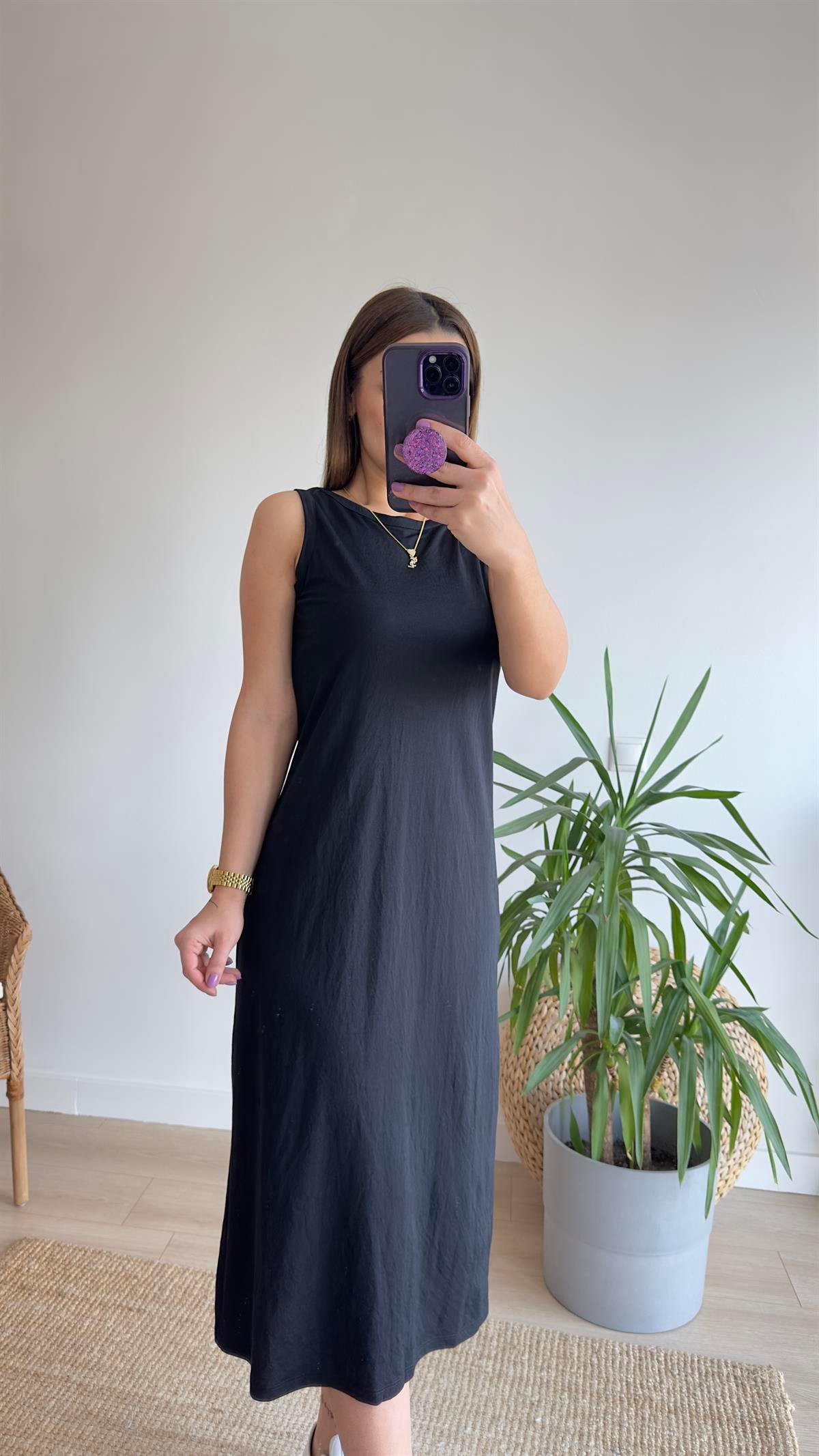 Woven Kolsuz Siyah Basic Elbise 