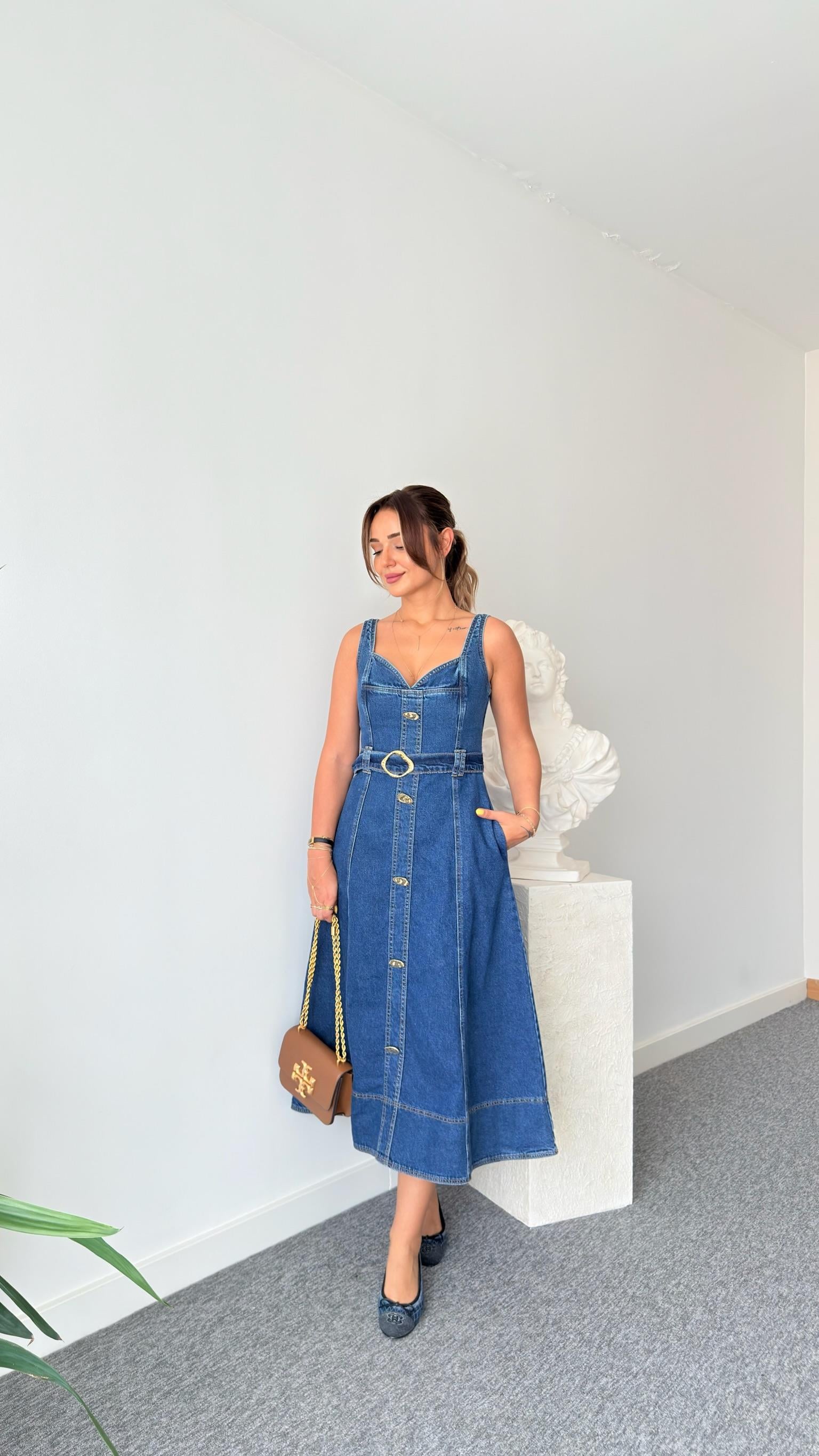 Kolia Premium Gold Aksesuarlı Jean Elbise 