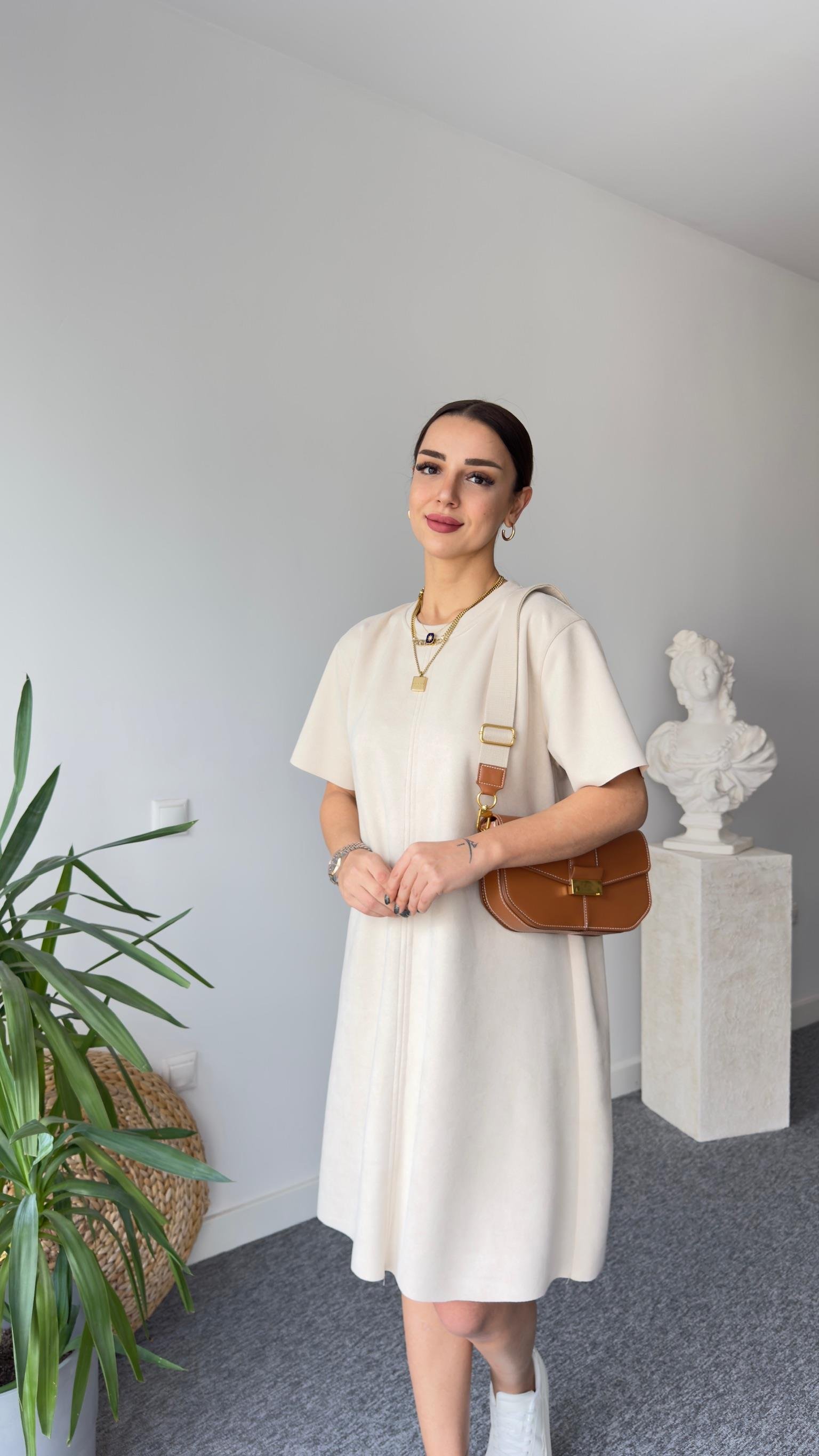 Krem Süet Basic Elbise