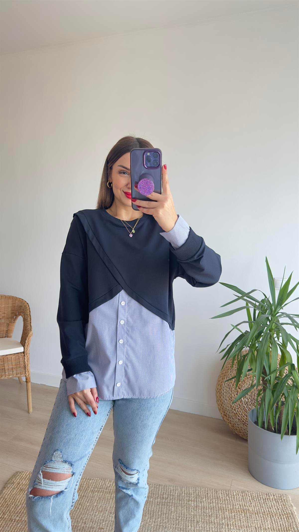 Çapraz Poplin Detay Lacivert Sweat