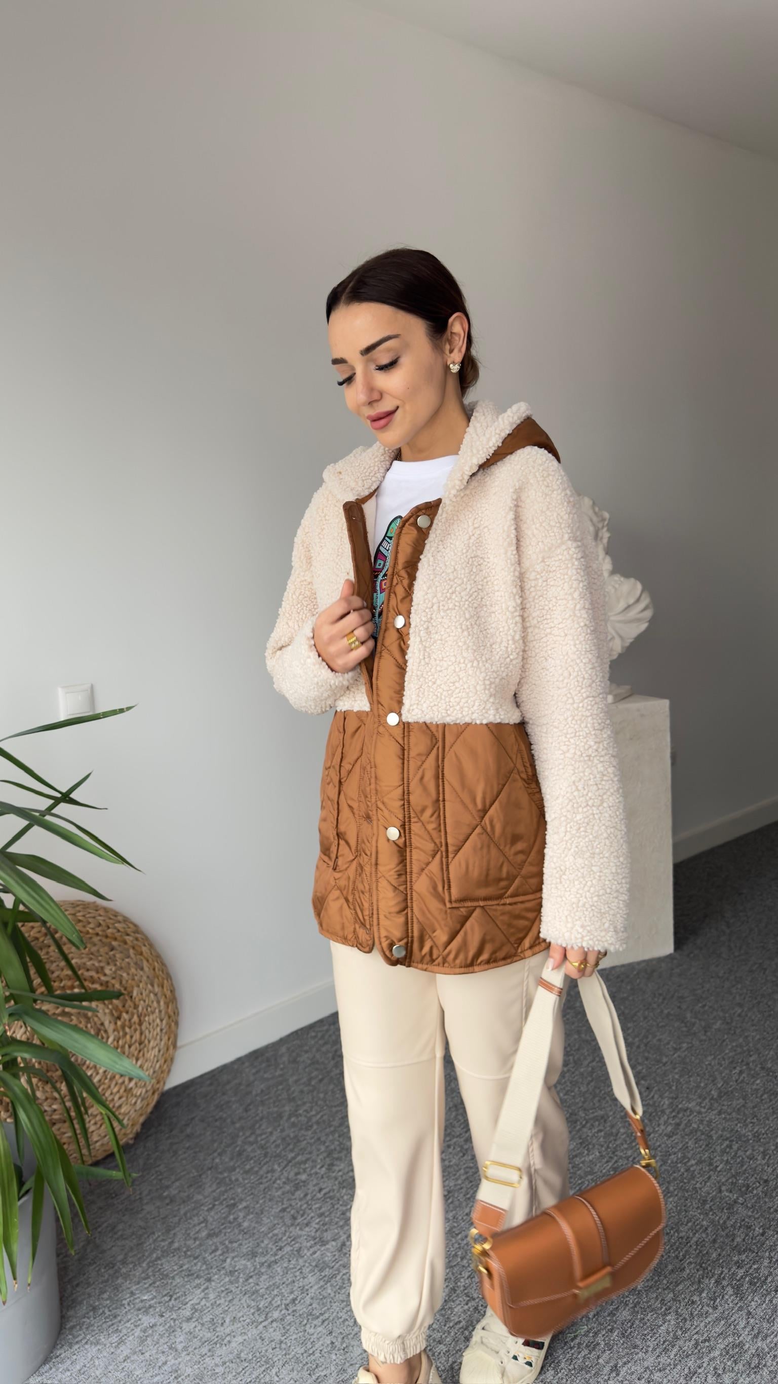 Kahve Kapitone Detaylı Ekru Teddy Ceket