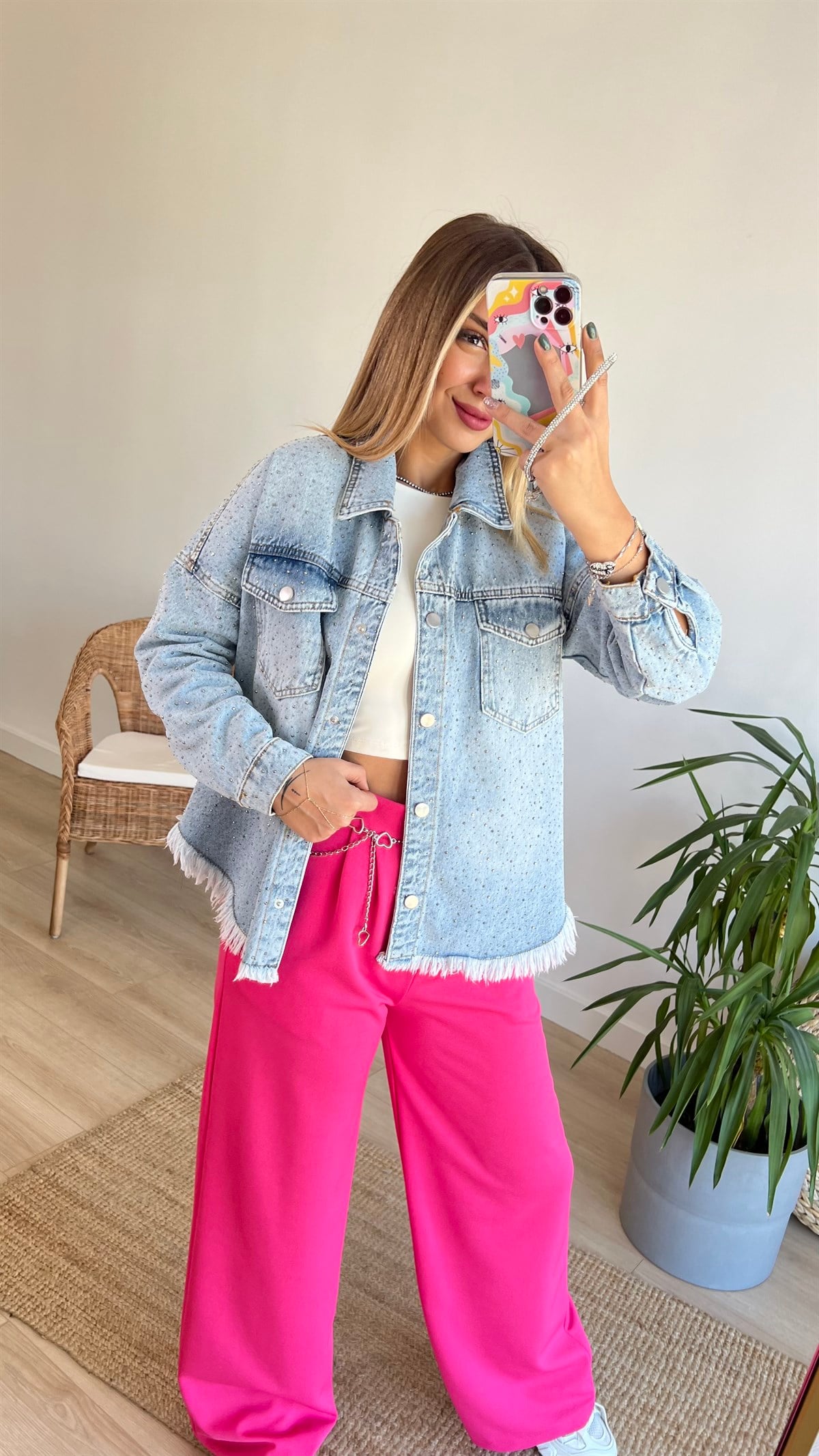 Zara Model Taş Detaylı Jean Ceket