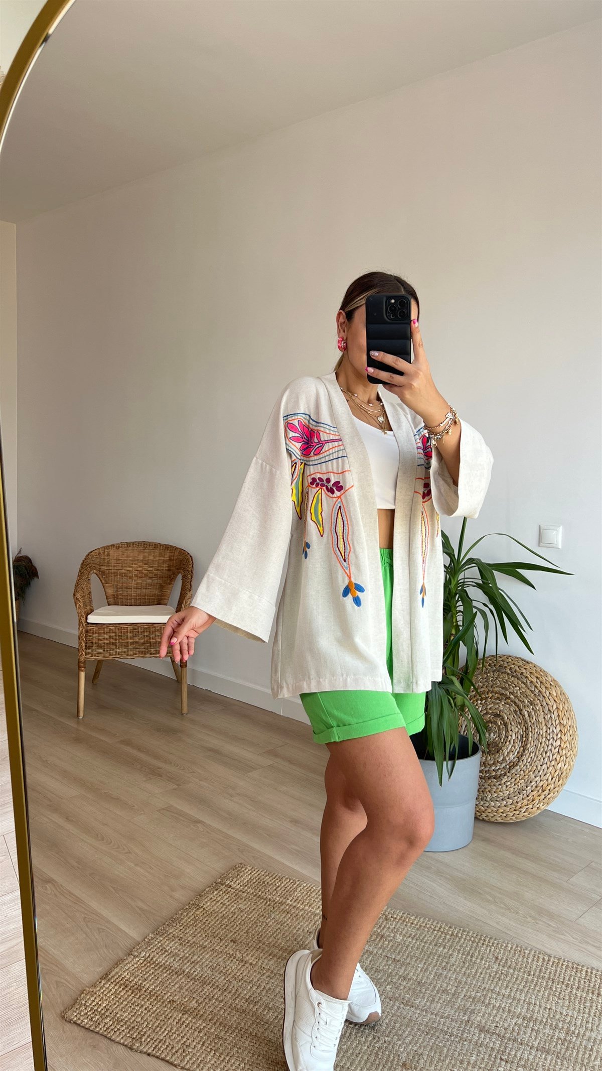 Renkli Nakış Detaylı Keten Kimono