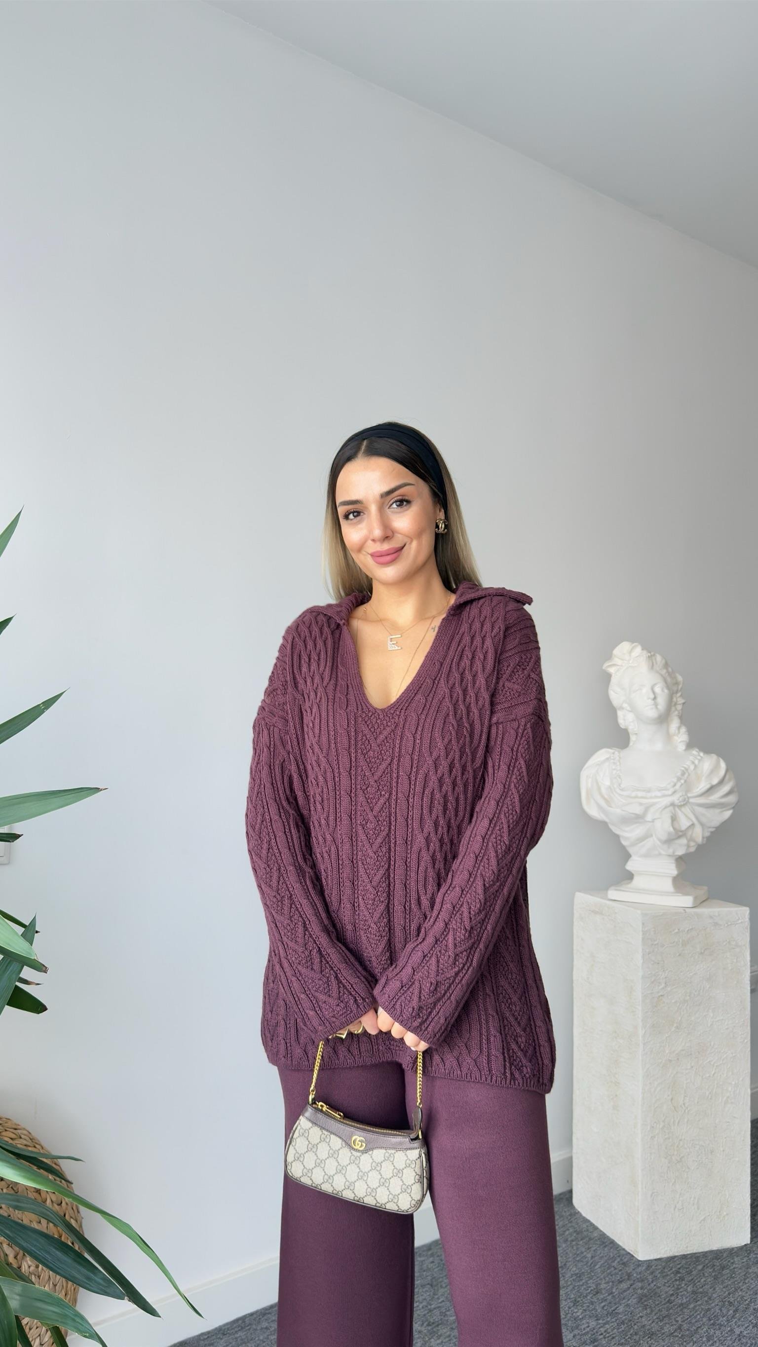 Mürdüm Samo Örgülü Polo Yaka Kazak