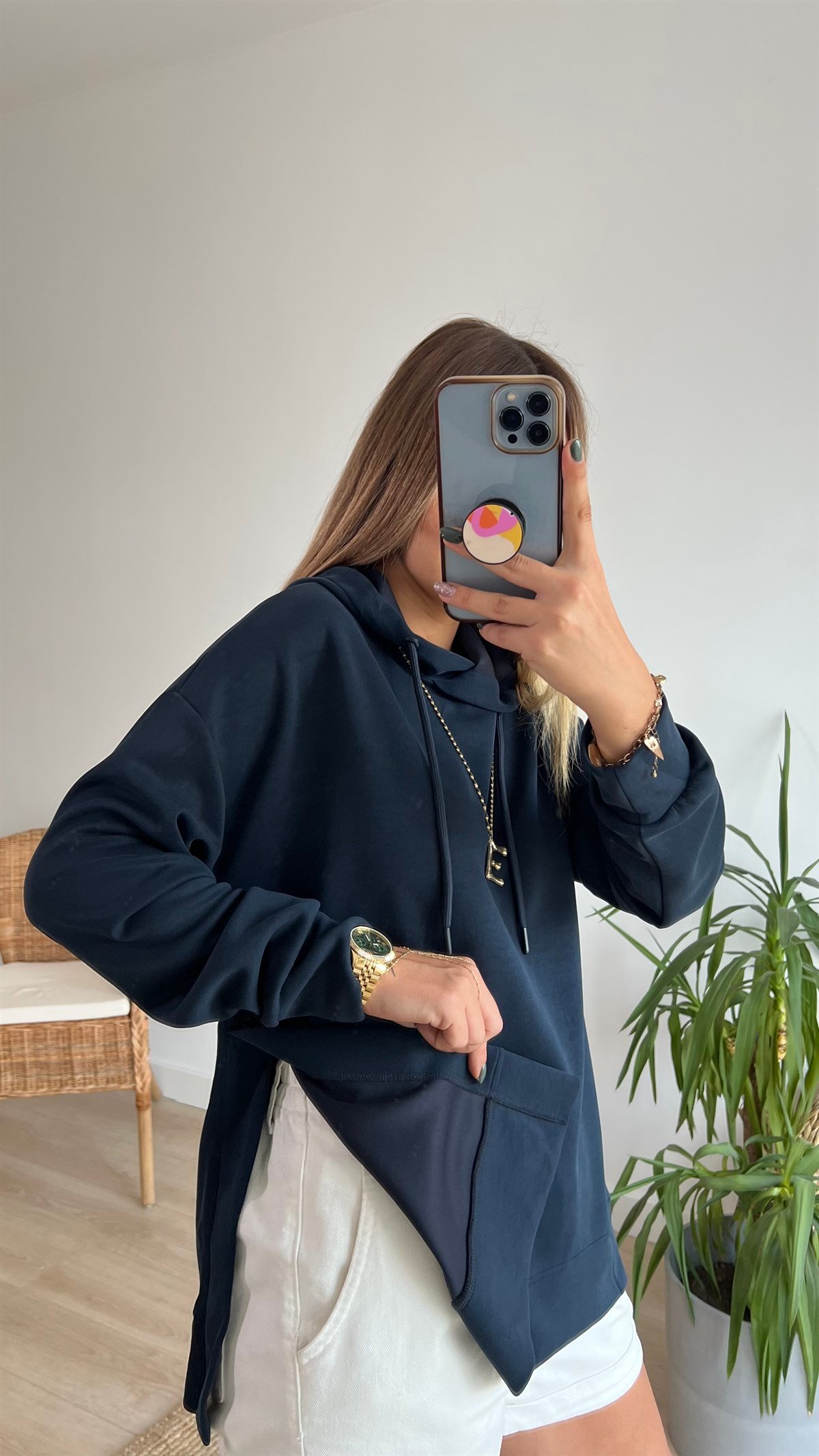 Modal Kumaş Yanları Yırtmaçlı Lacivert Sweat