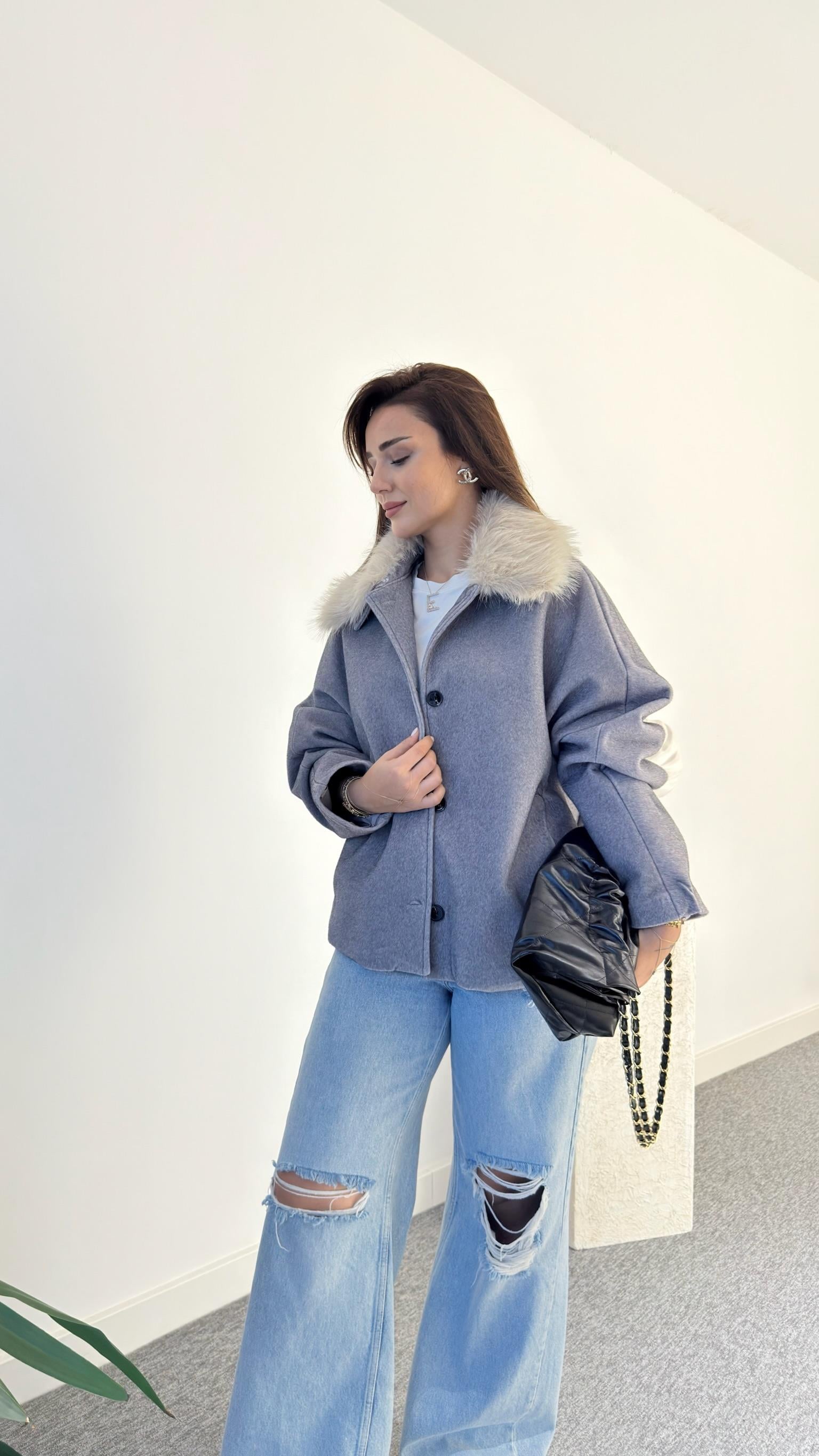 Gri Mandie Yaka Kürklü Zra Model Kaşe Ceket