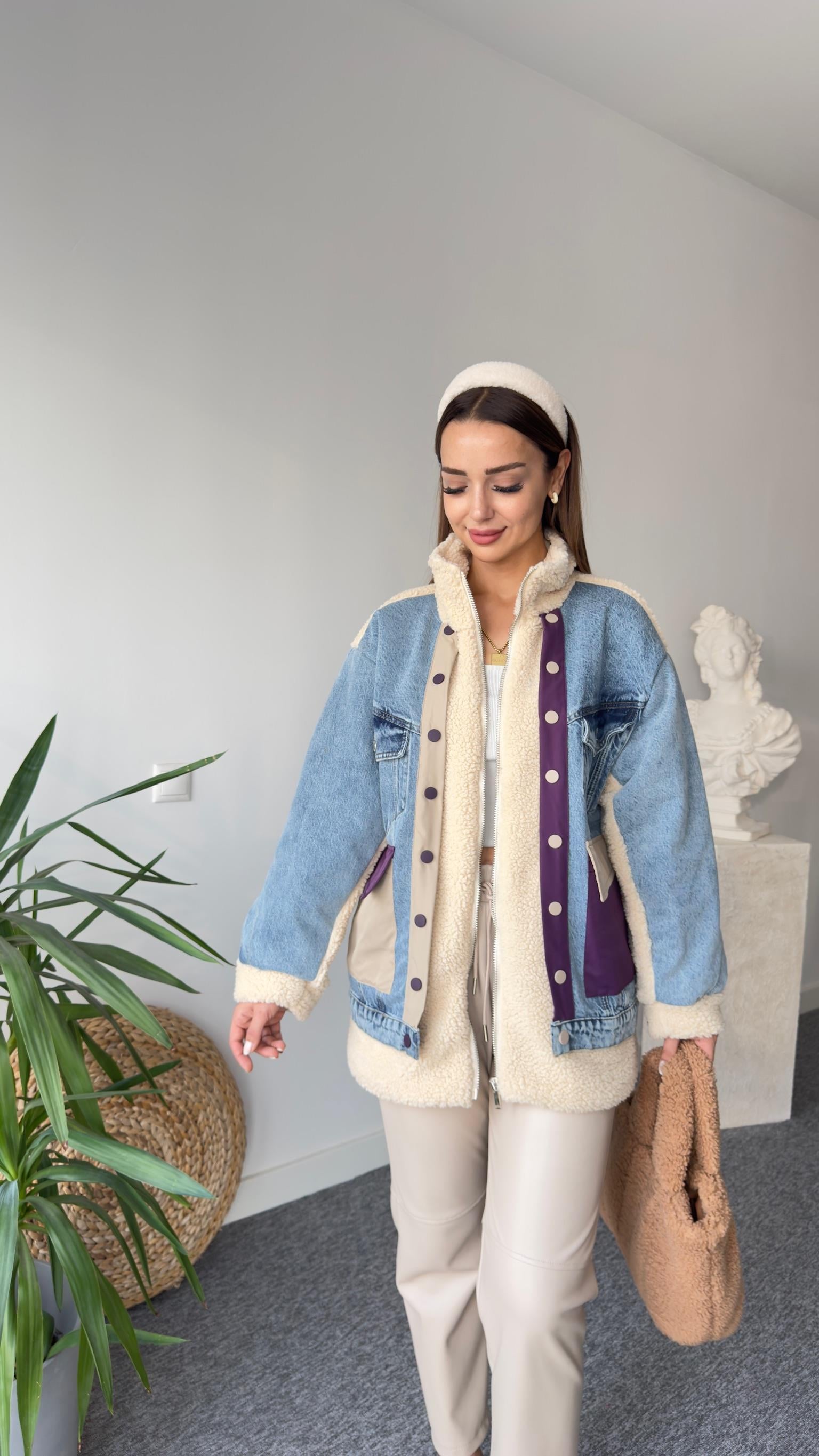 Denim Mix Mor Detay Peluş Mont 
