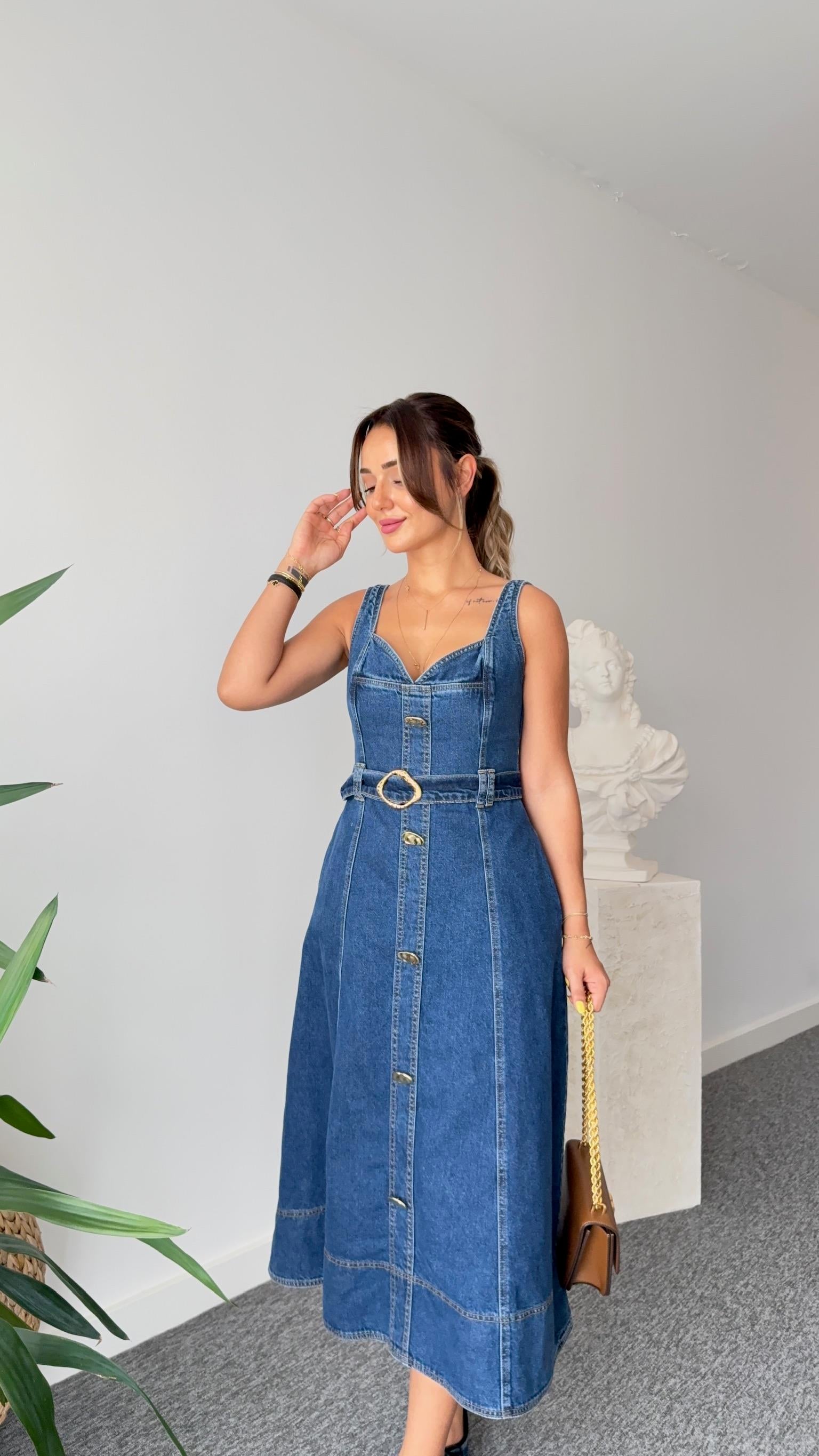Kolia Premium Gold Aksesuarlı Jean Elbise 