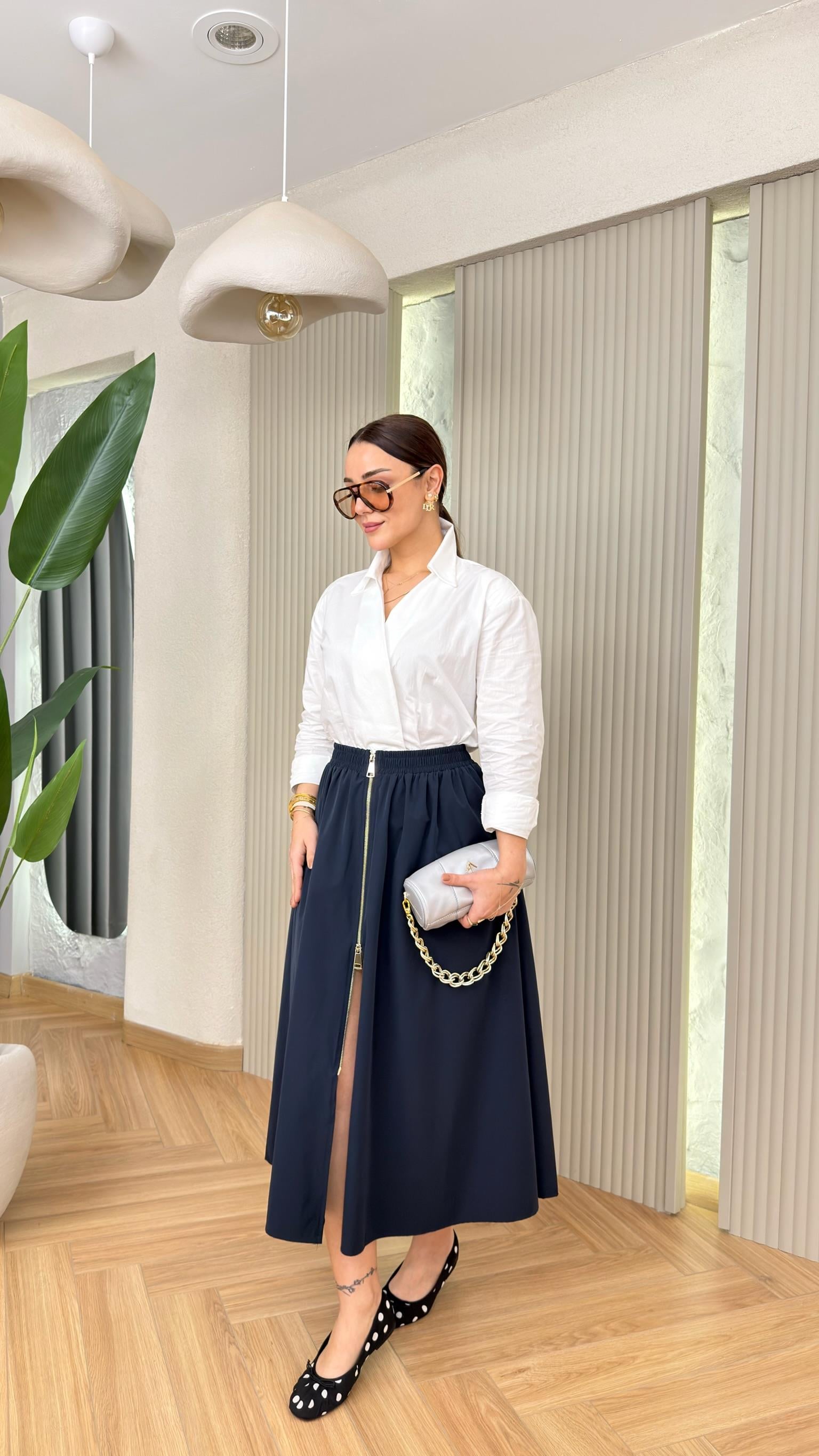 Lacivert Quqa Fermuarlı Muadil Etek