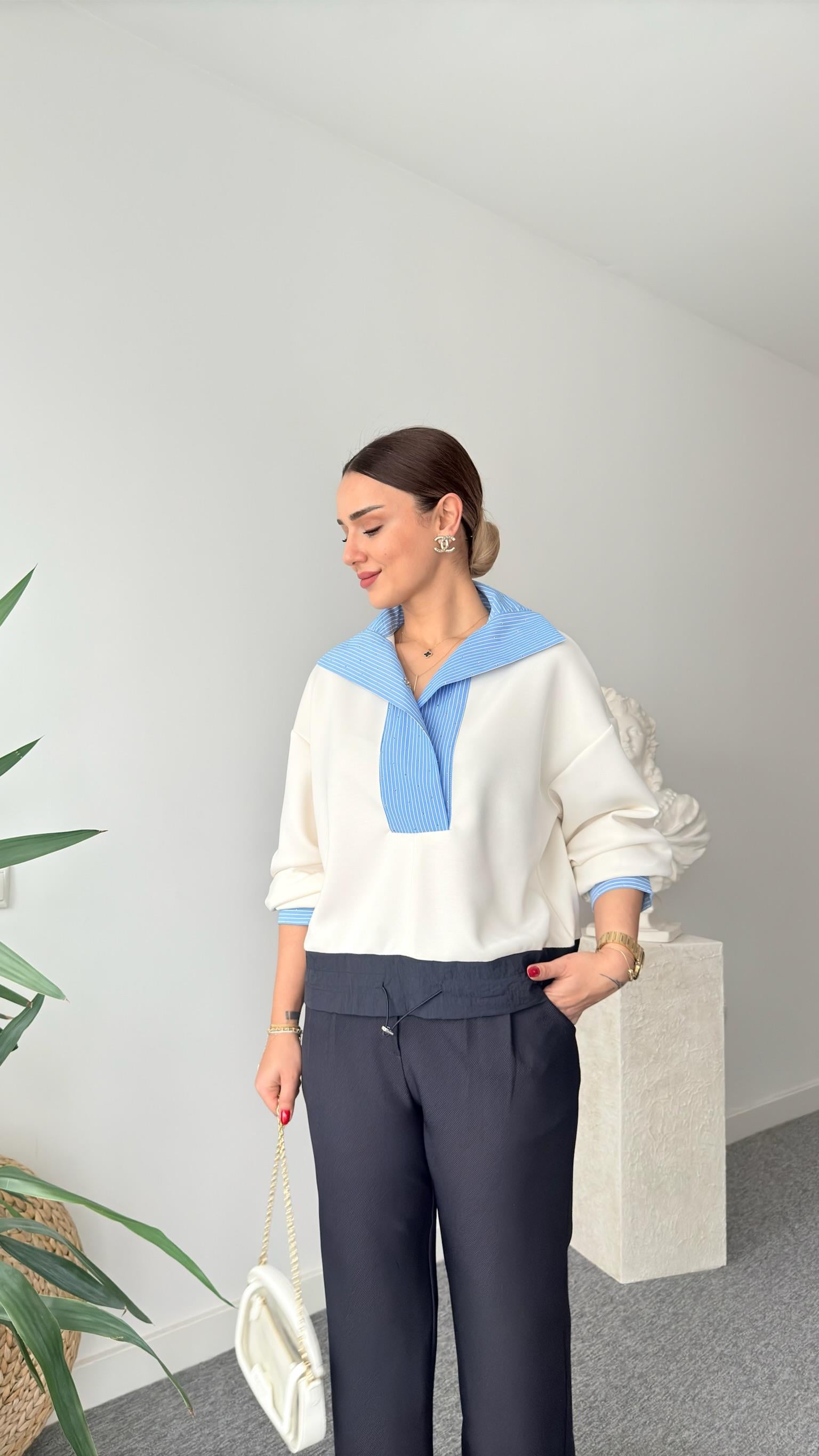 Viyana Bel Büzgülü Taşlı Poplin Garni Modal Sweat
