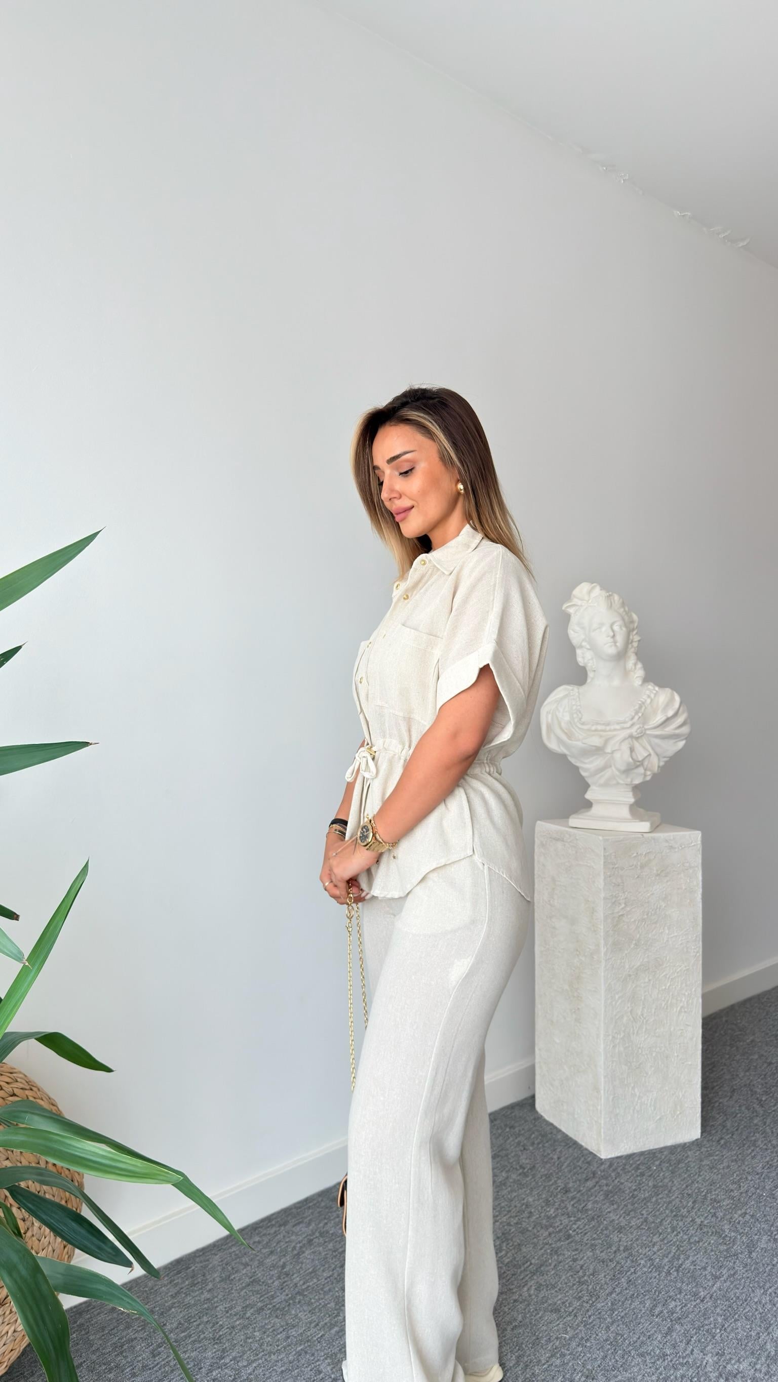 Risha Zra Model Bel Büzgülü Keten Takım