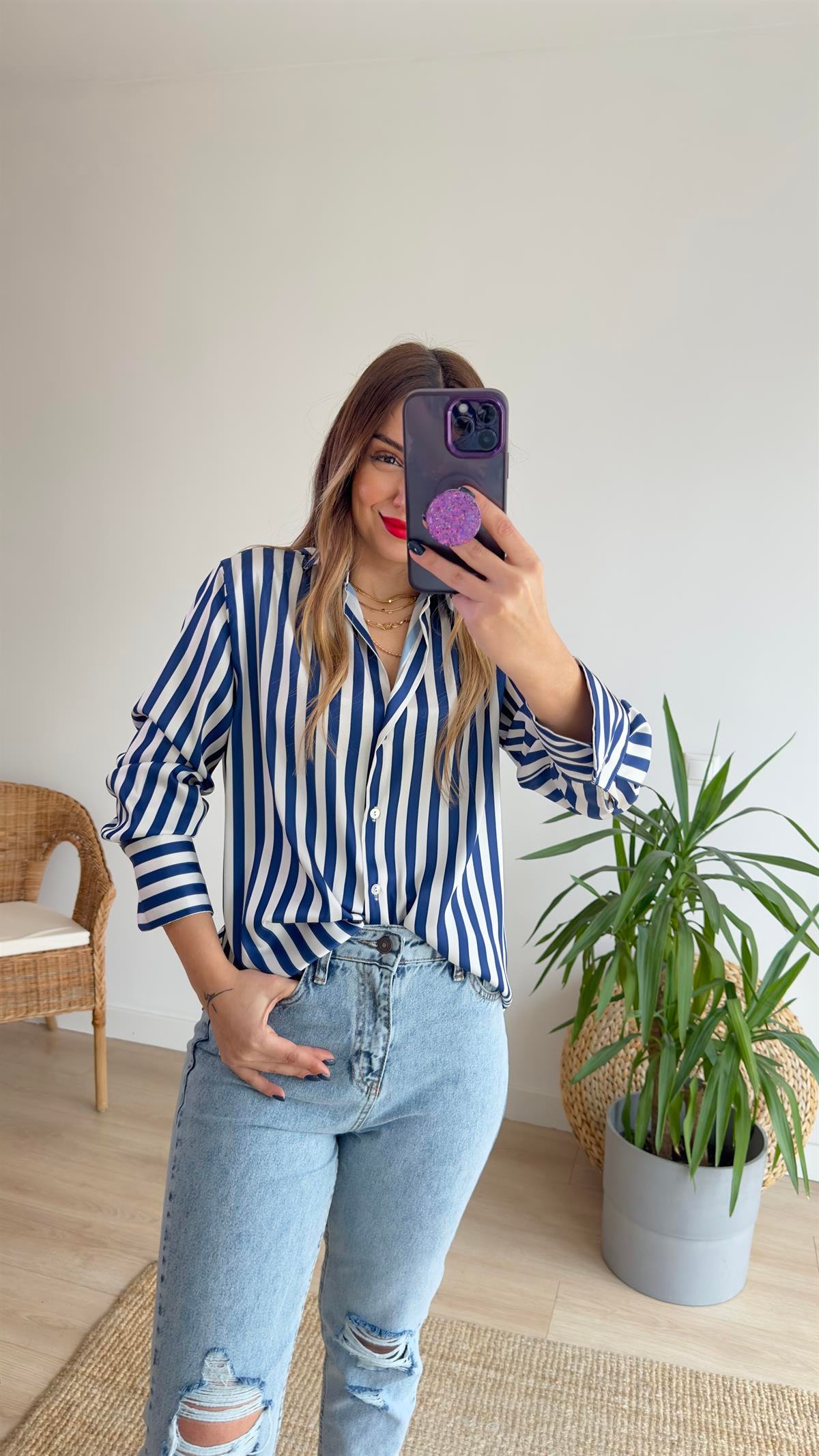 Zra Model Lacivert Çizgili Gömlek 