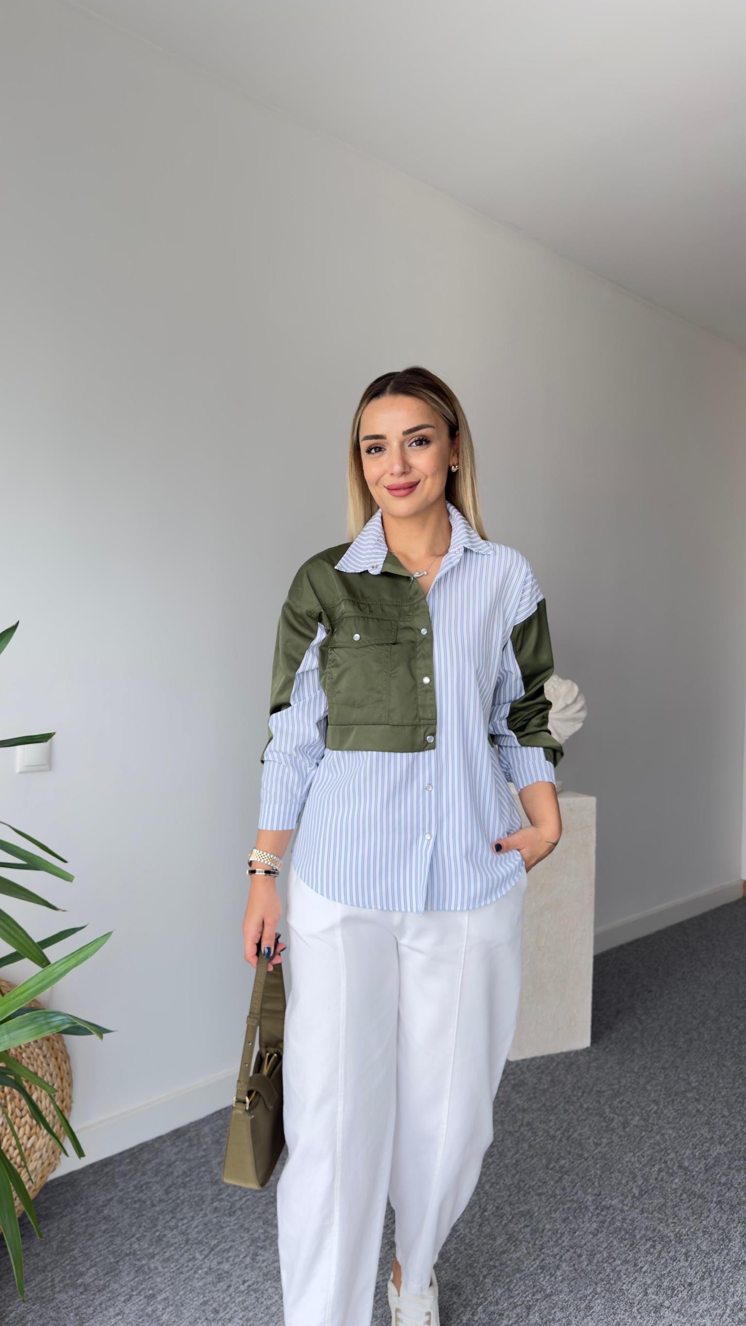 Yeşil Paraşüt Detaylı Çizgili Gömlek