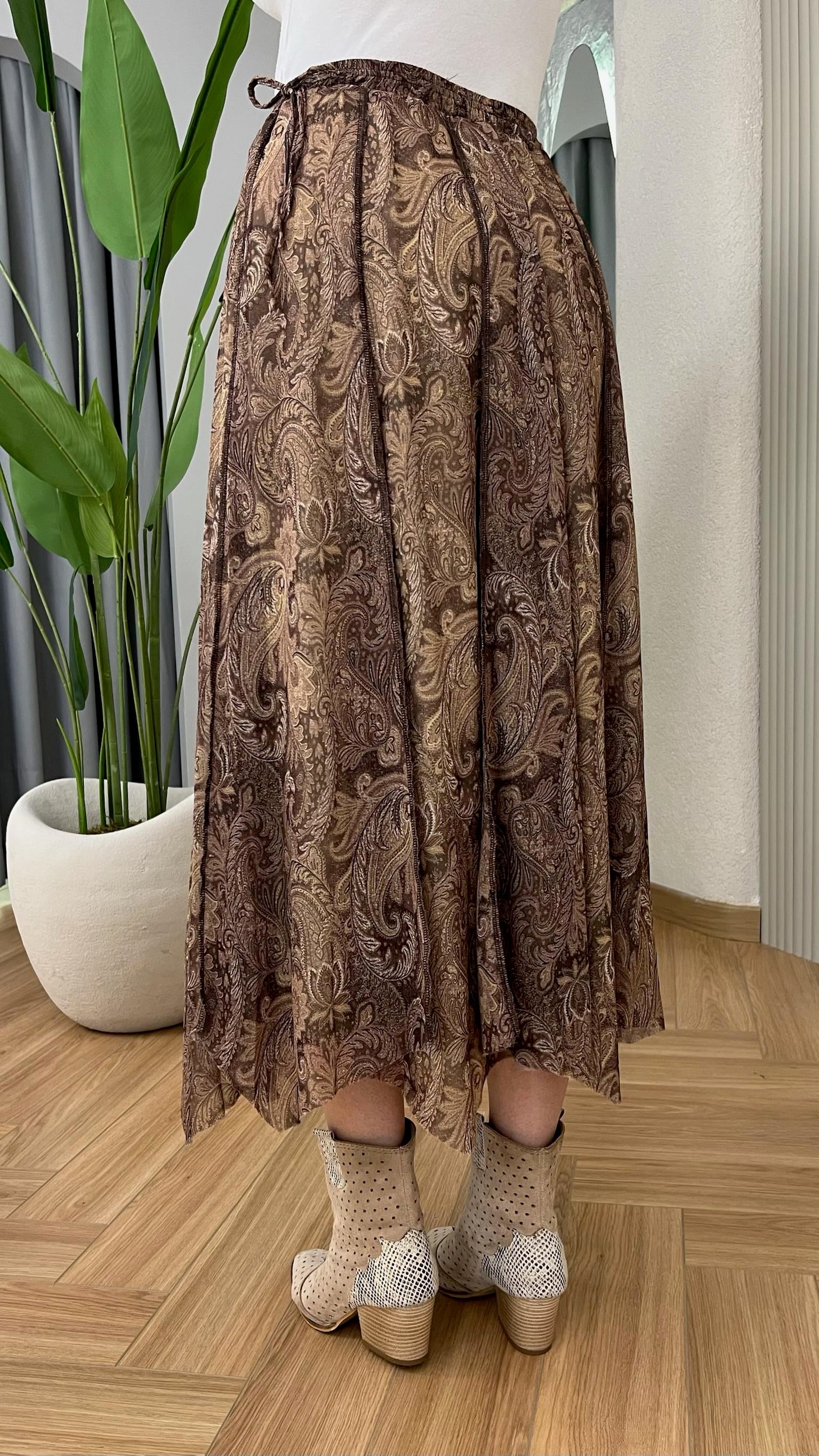 Kahve Zien Etnik Desenli Şifon Etek