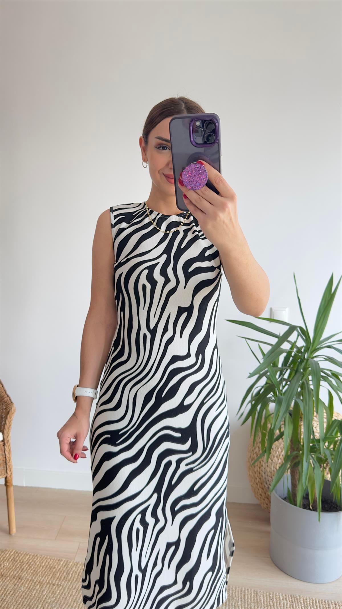 Flori Zebra Desen Yırtmaçlı Elbise
