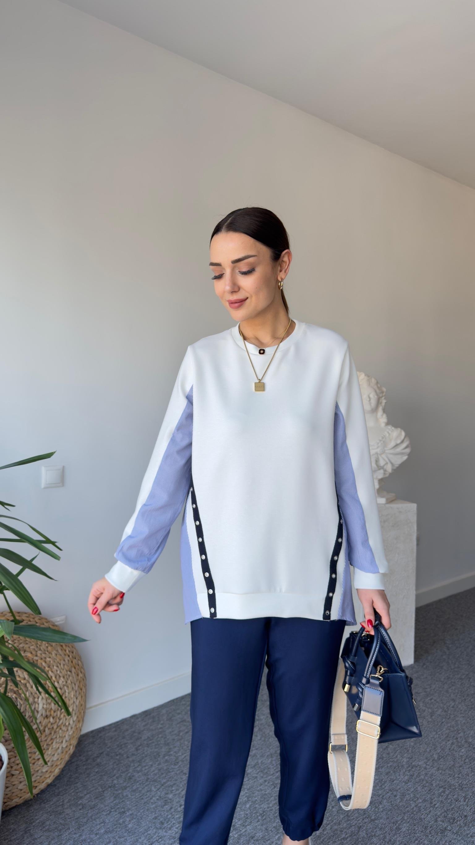 Sırt Poplin Detay Düğmeli Beyaz Modal Sweat