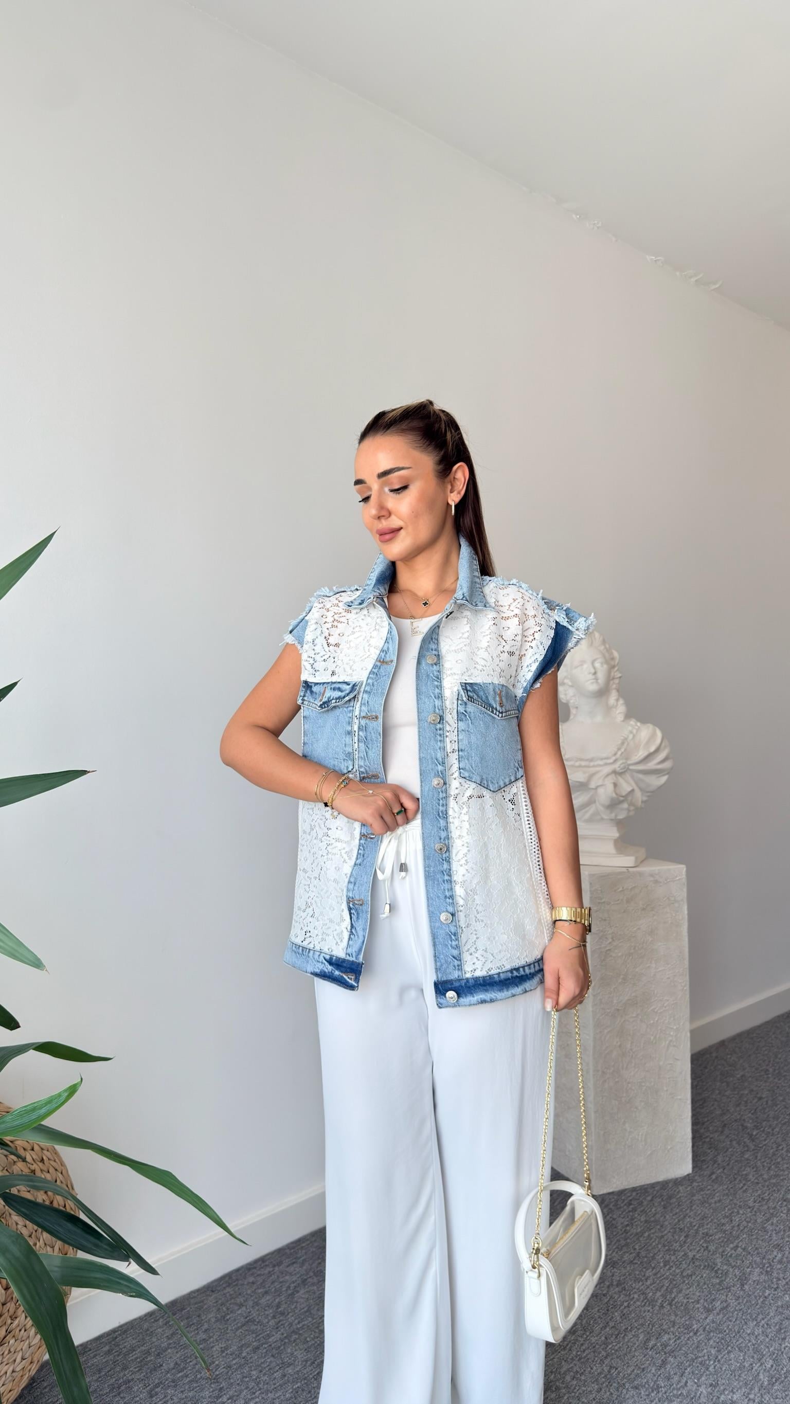 Dantel File Mix Denim Yelek