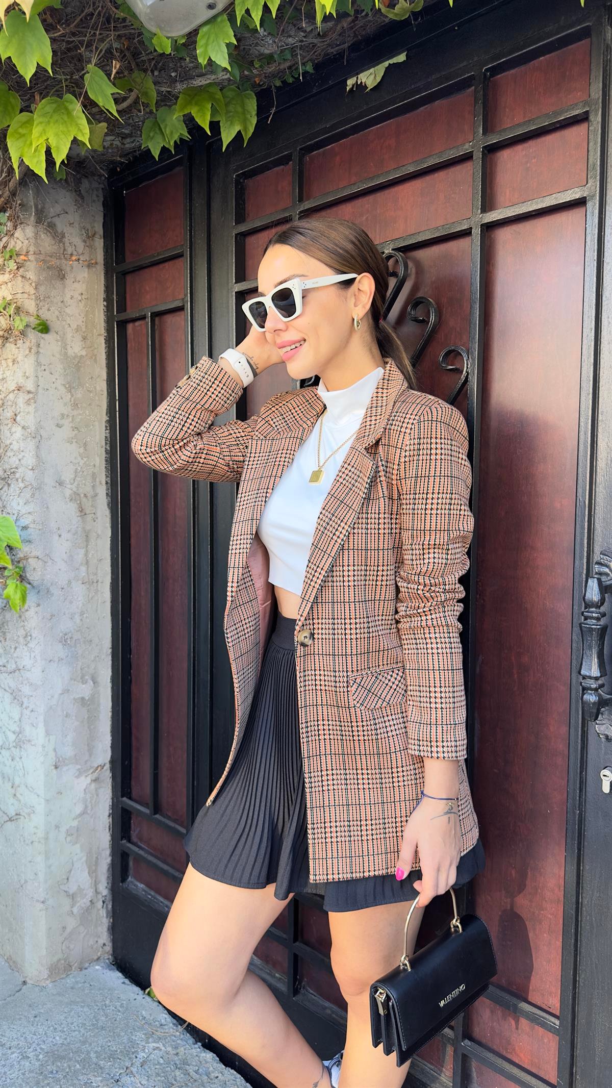 Tek Düğme Kahve Ekose Blazer Ceket