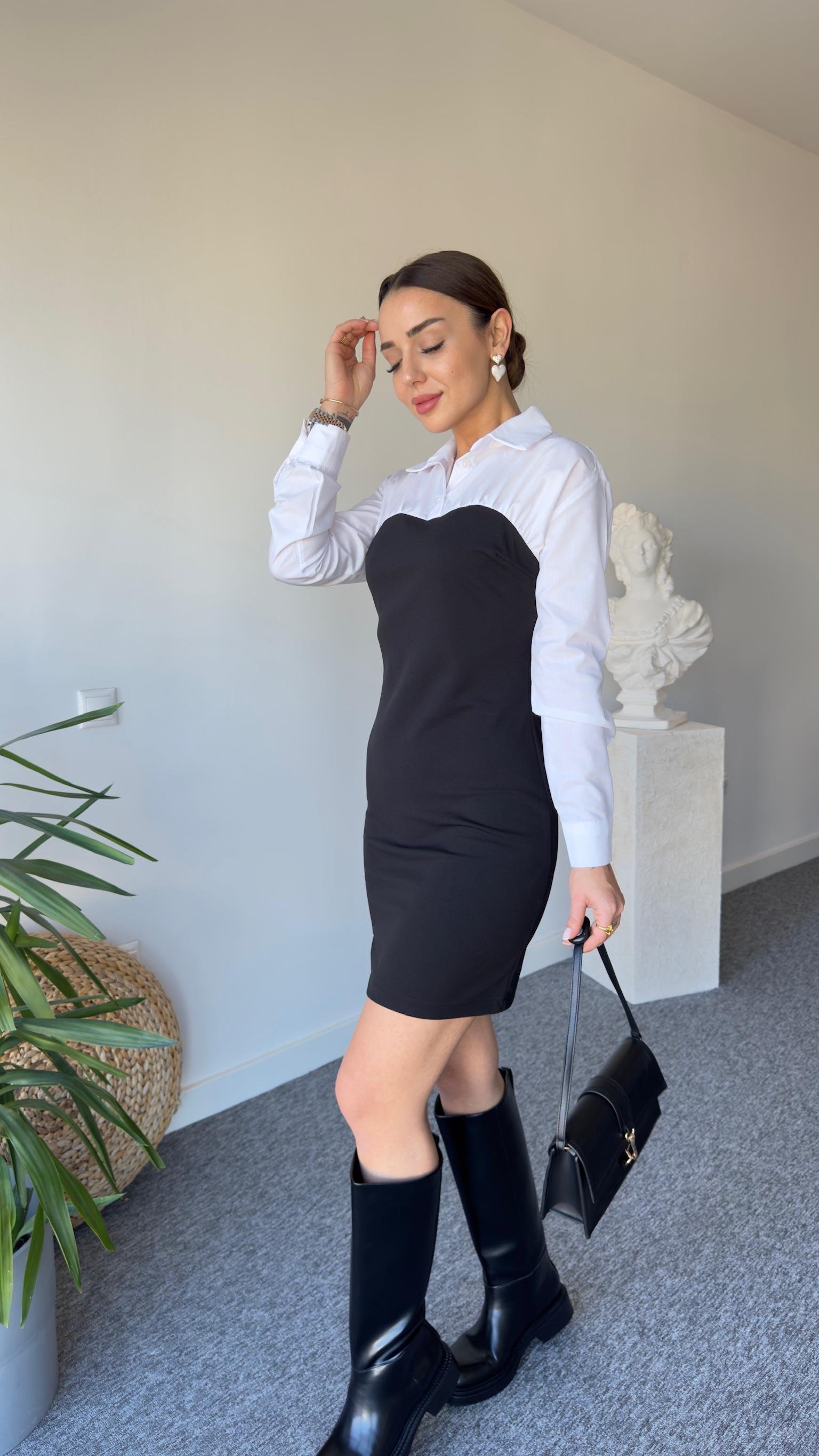 Rive Gömlek Yaka Siyah Elbise 