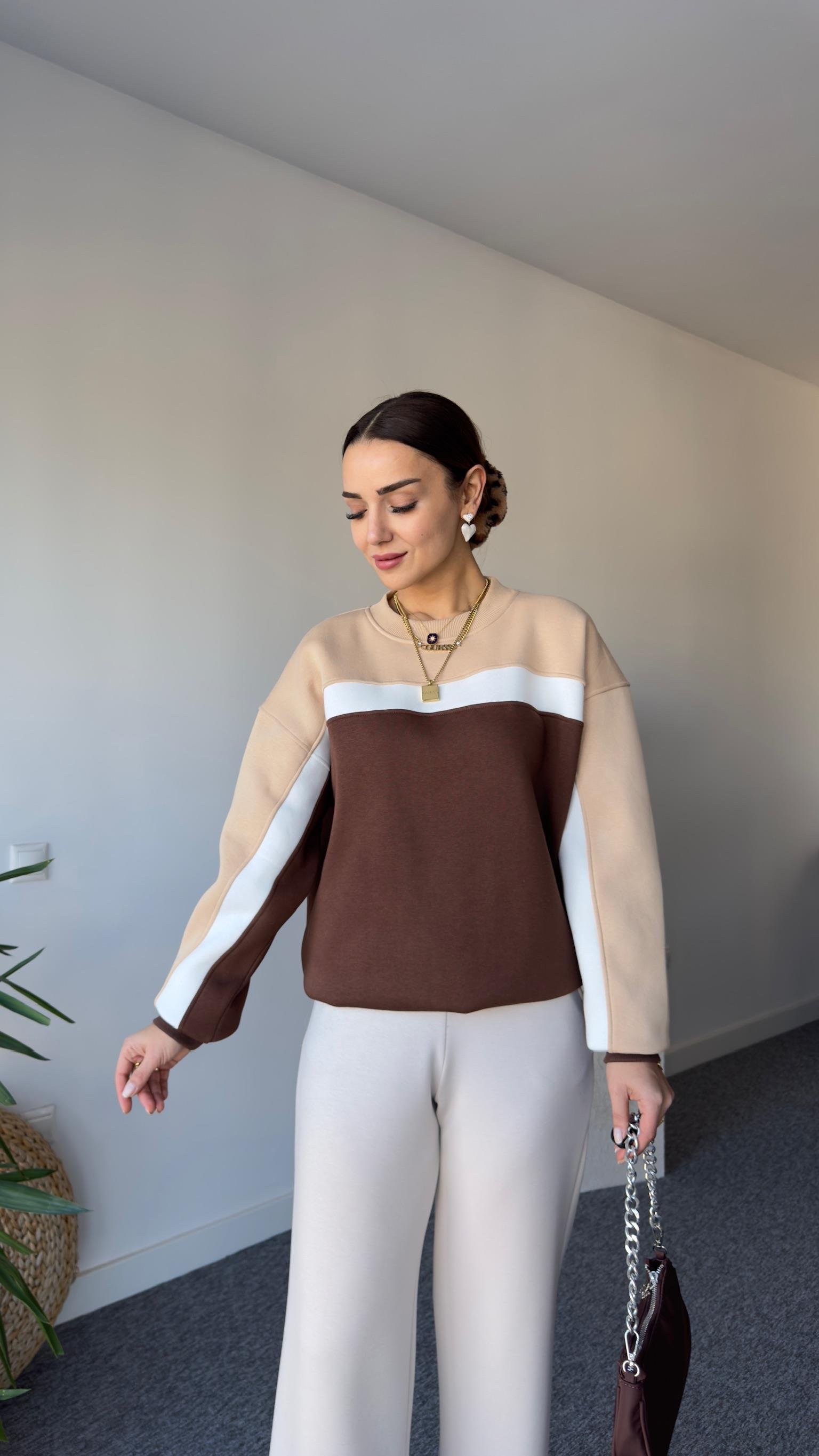 Beyaz Şeritli Çift Renk Sweat Kahve