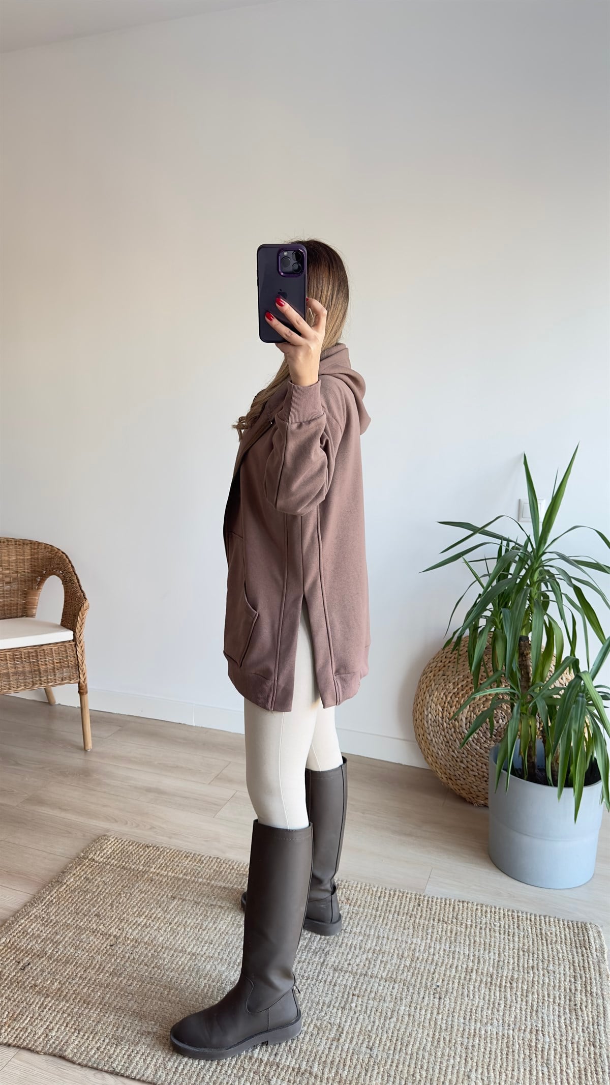 Şardonlu Yanları Yırtmaçlı Kahve Sweatshirt