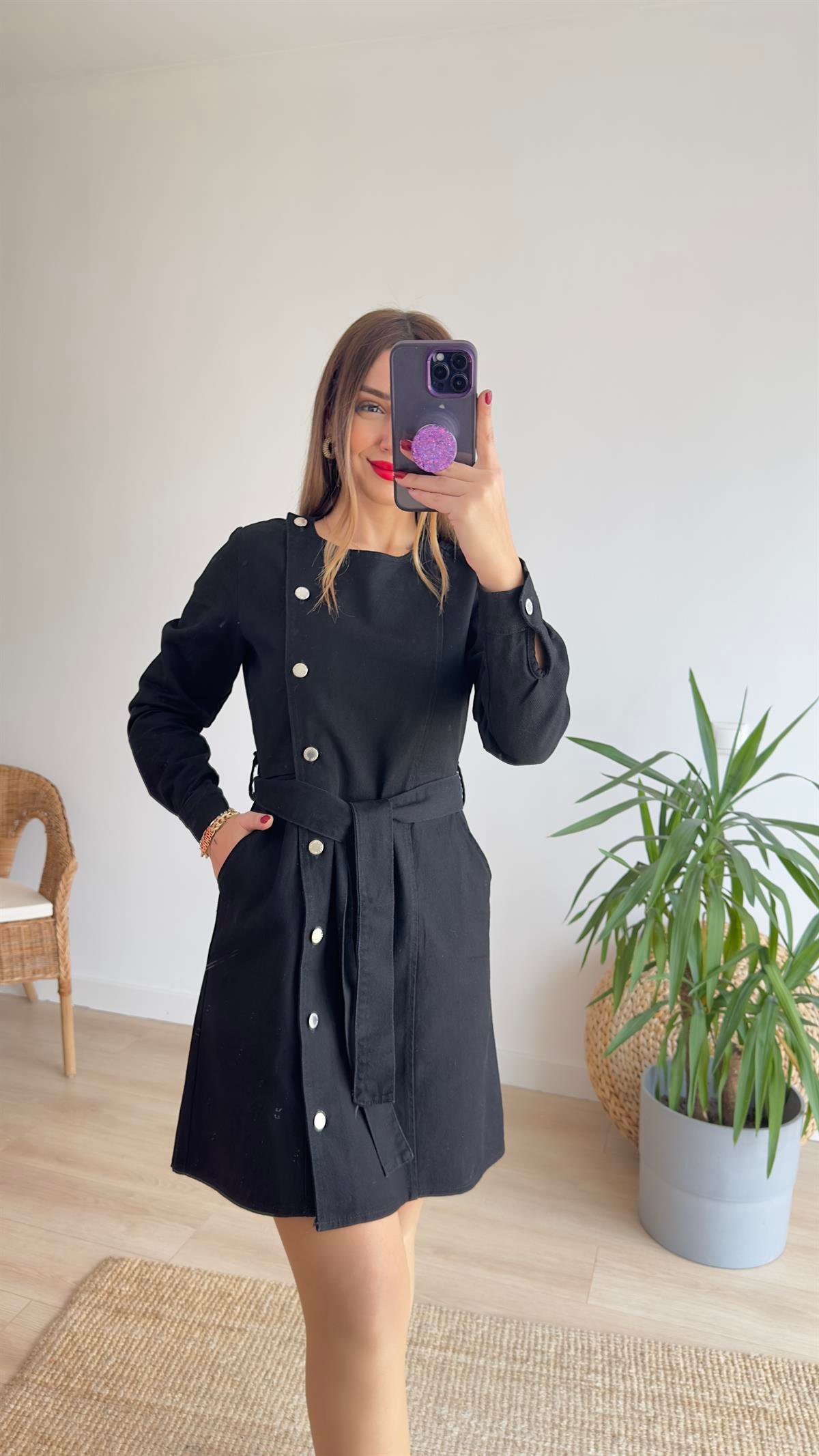 Düğmeli Siyah Denim Elbise