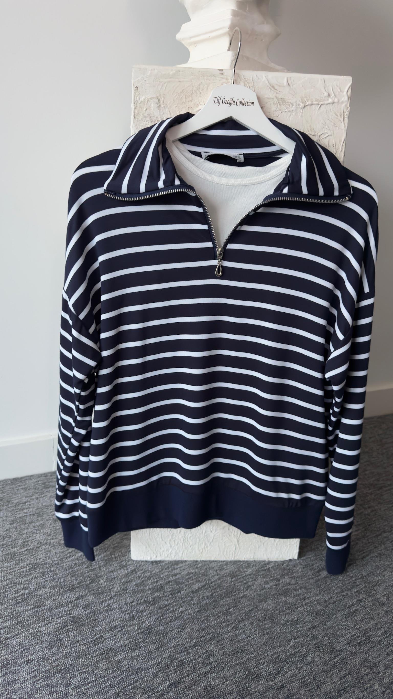Çizgili Fermuar Detay Laci Sweatshirt