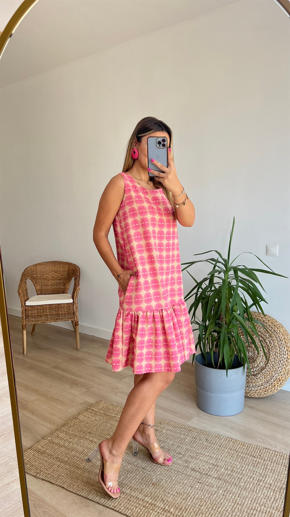Pembe Desenli Cepli Keten Elbise