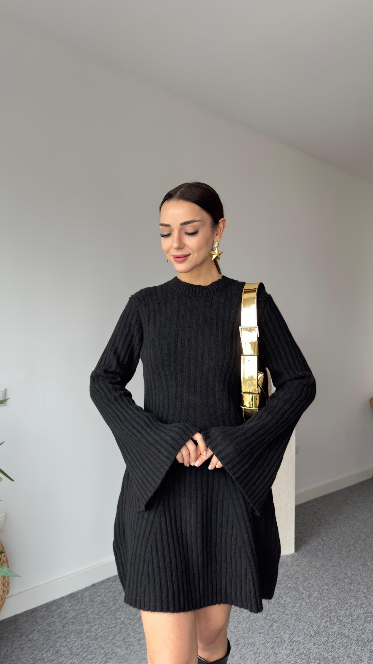 Olla Fitilli Siyah Triko Elbise